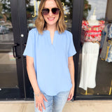 Classic V-Neck Blouse - Light Blue-200 Fashion Blouses-ENTRO-July & June Women's Fashion Boutique Located in San Antonio, Texas