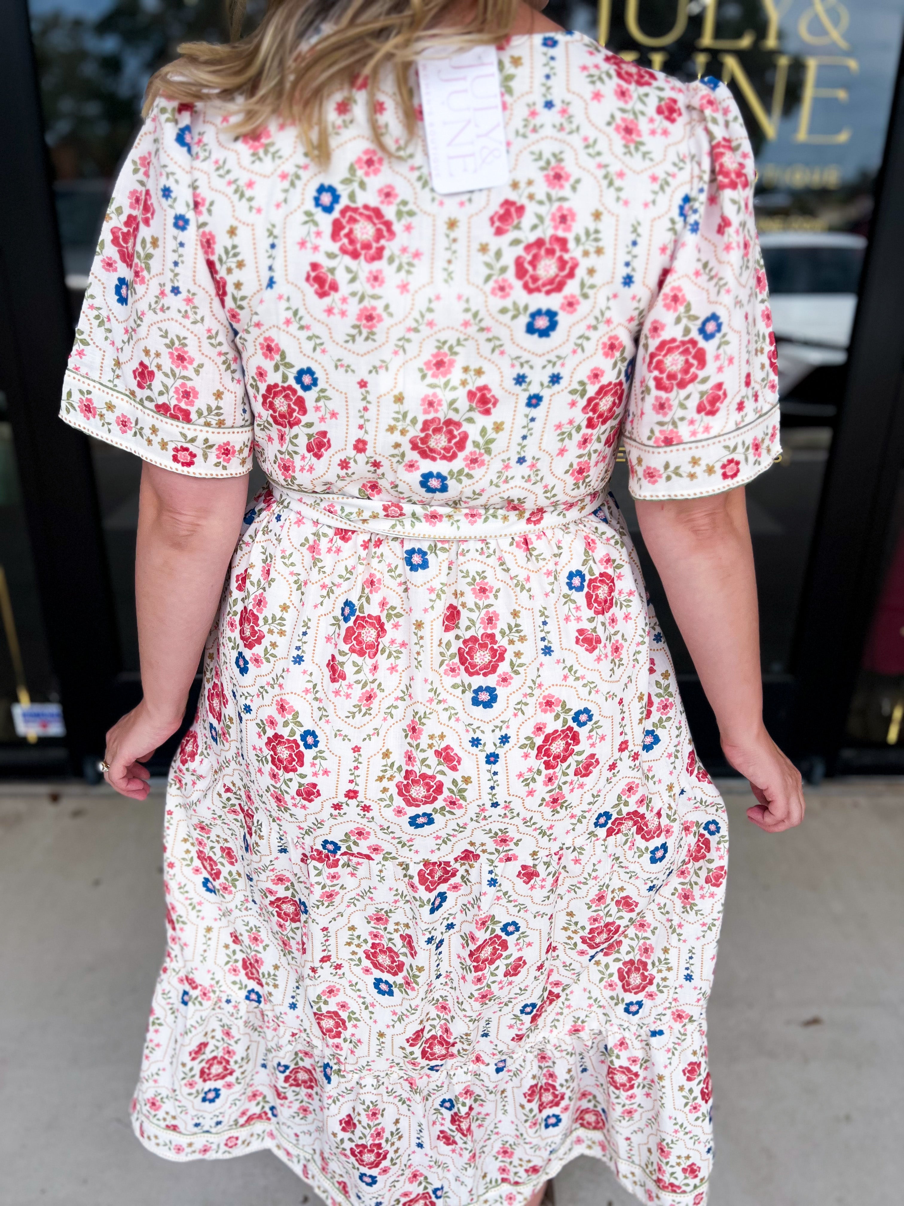 Cream & Pink Floral Midi Dress-500 Midi-POLOGRAM-July & June Women's Fashion Boutique Located in San Antonio, Texas