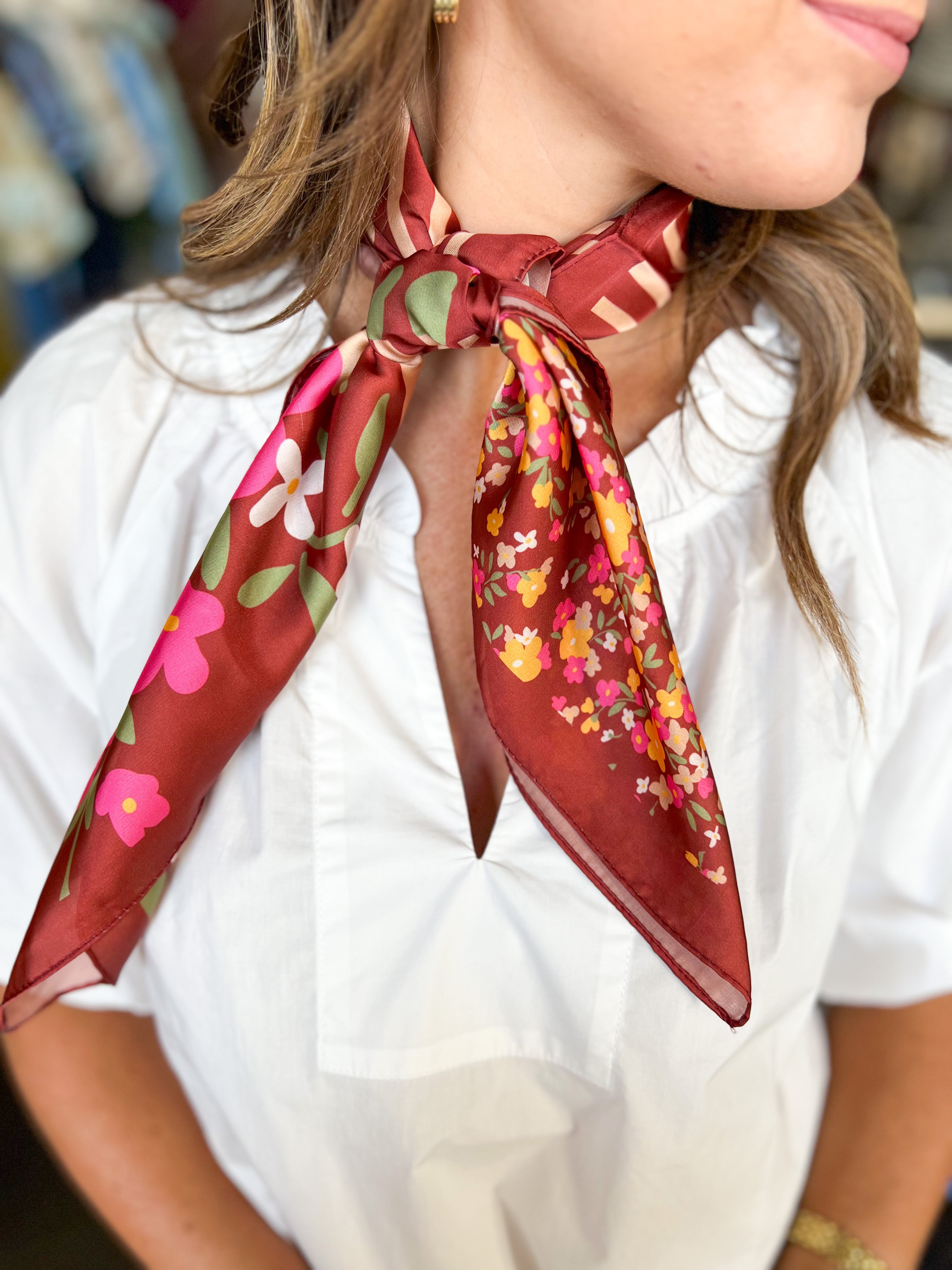 Floral Square Scarf - Rust-130 ACCESSORIES-SHIRALEAH-July & June Women's Fashion Boutique Located in San Antonio, Texas