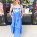 Sky Blue Embroidered Midi Dress-500 Midi-ENTRO-July & June Women's Fashion Boutique Located in San Antonio, Texas