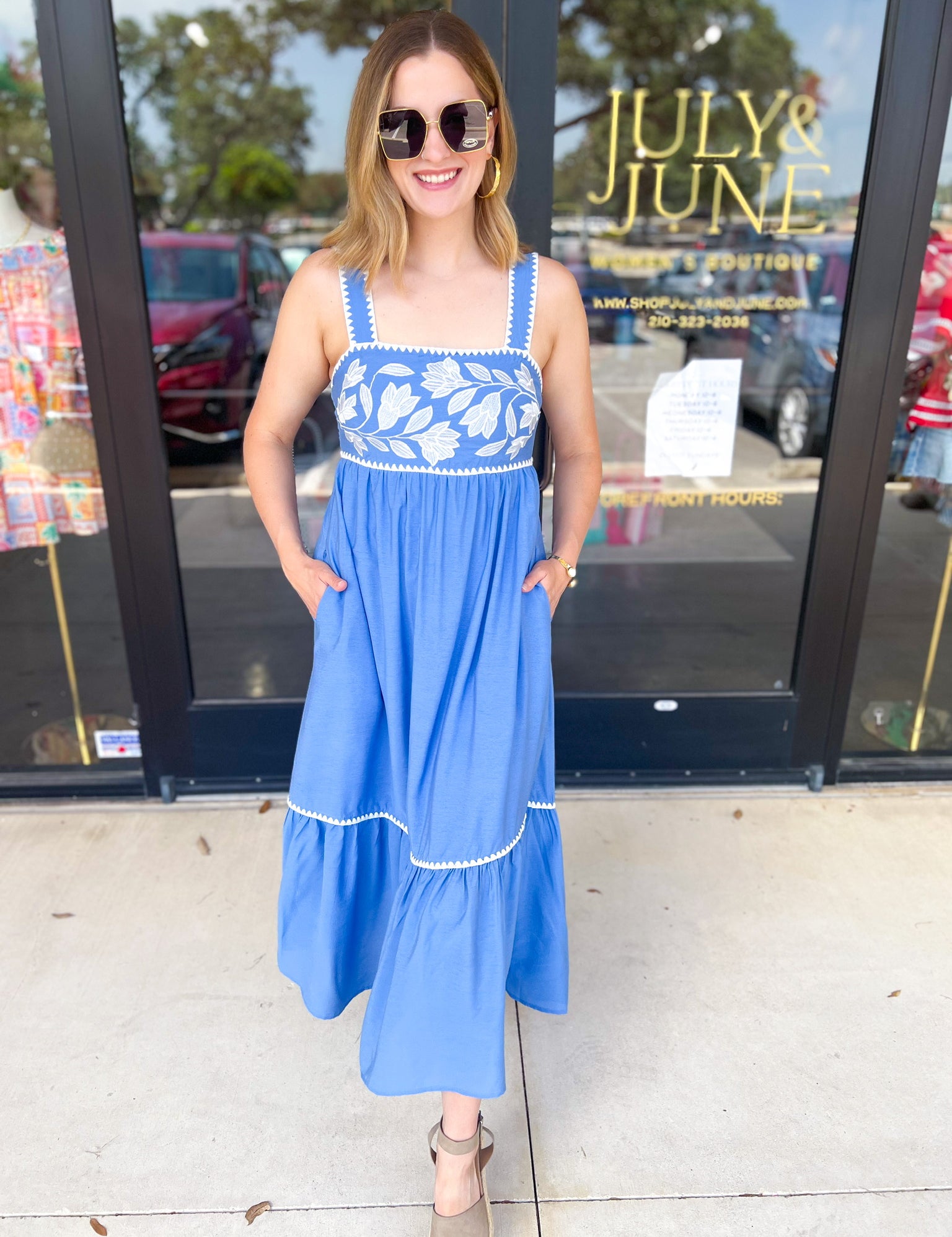 Sky Blue Embroidered Midi Dress-500 Midi-ENTRO-July & June Women's Fashion Boutique Located in San Antonio, Texas