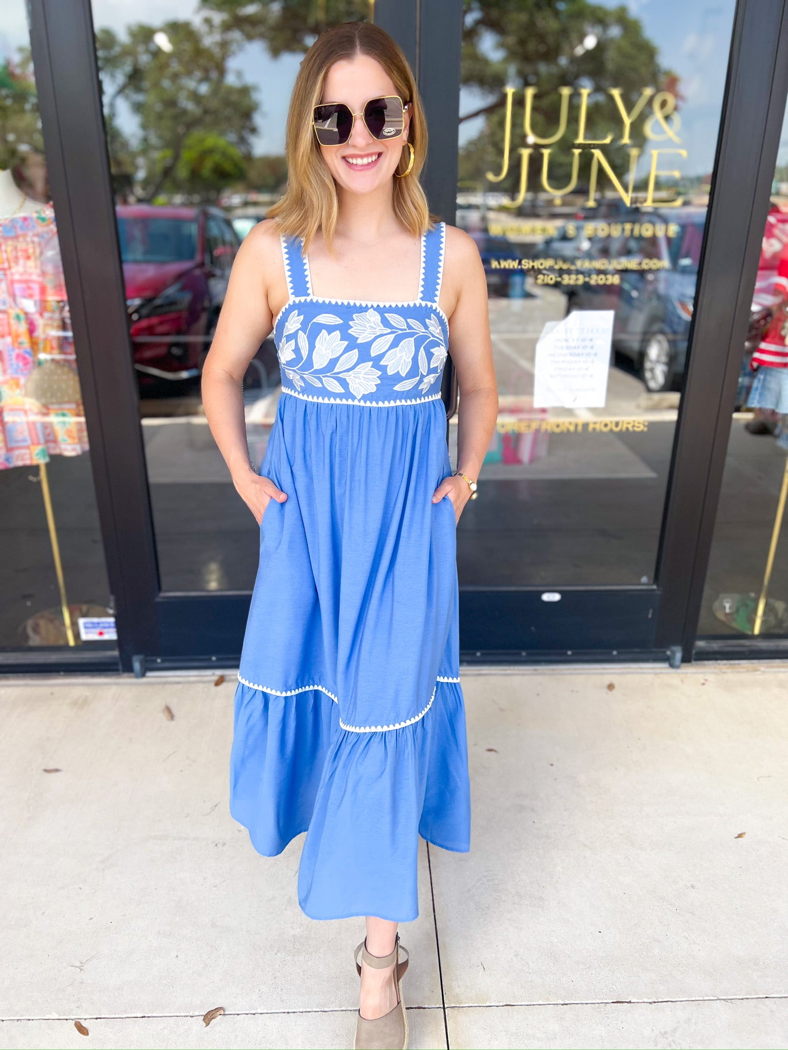 Sky Blue Embroidered Midi Dress-500 Midi-ENTRO-July & June Women's Fashion Boutique Located in San Antonio, Texas