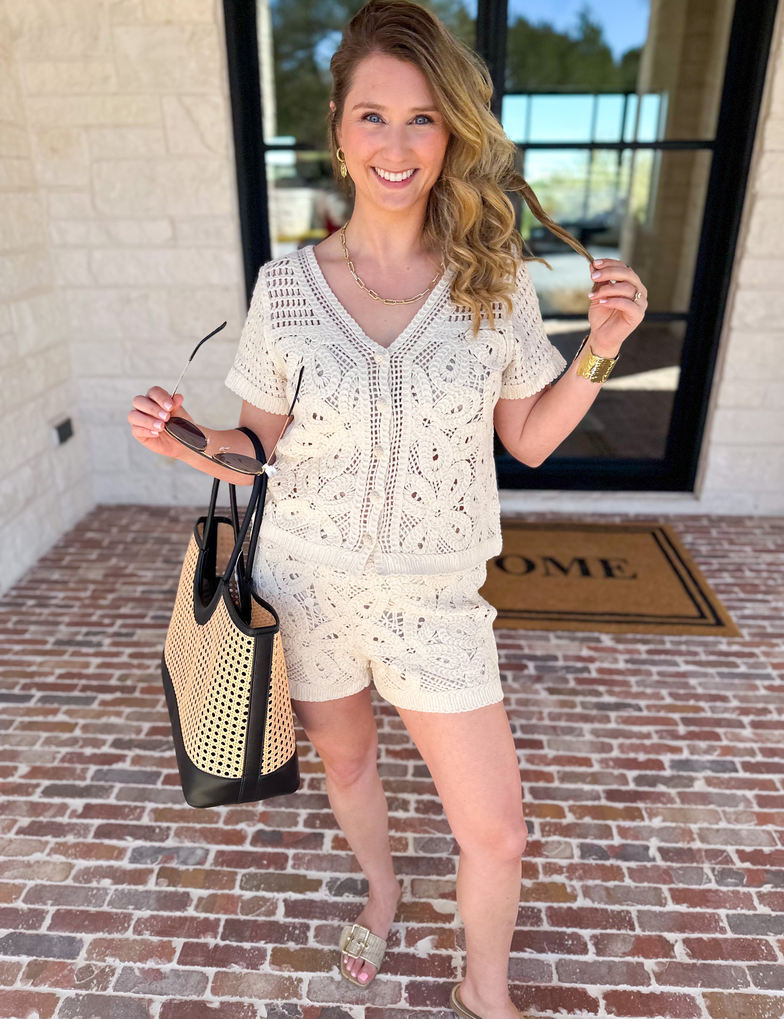 Luxe Crochet Knit Shorts Set-200 Fashion Blouses-SKIES ARE BLUE-July & June Women's Fashion Boutique Located in San Antonio, Texas