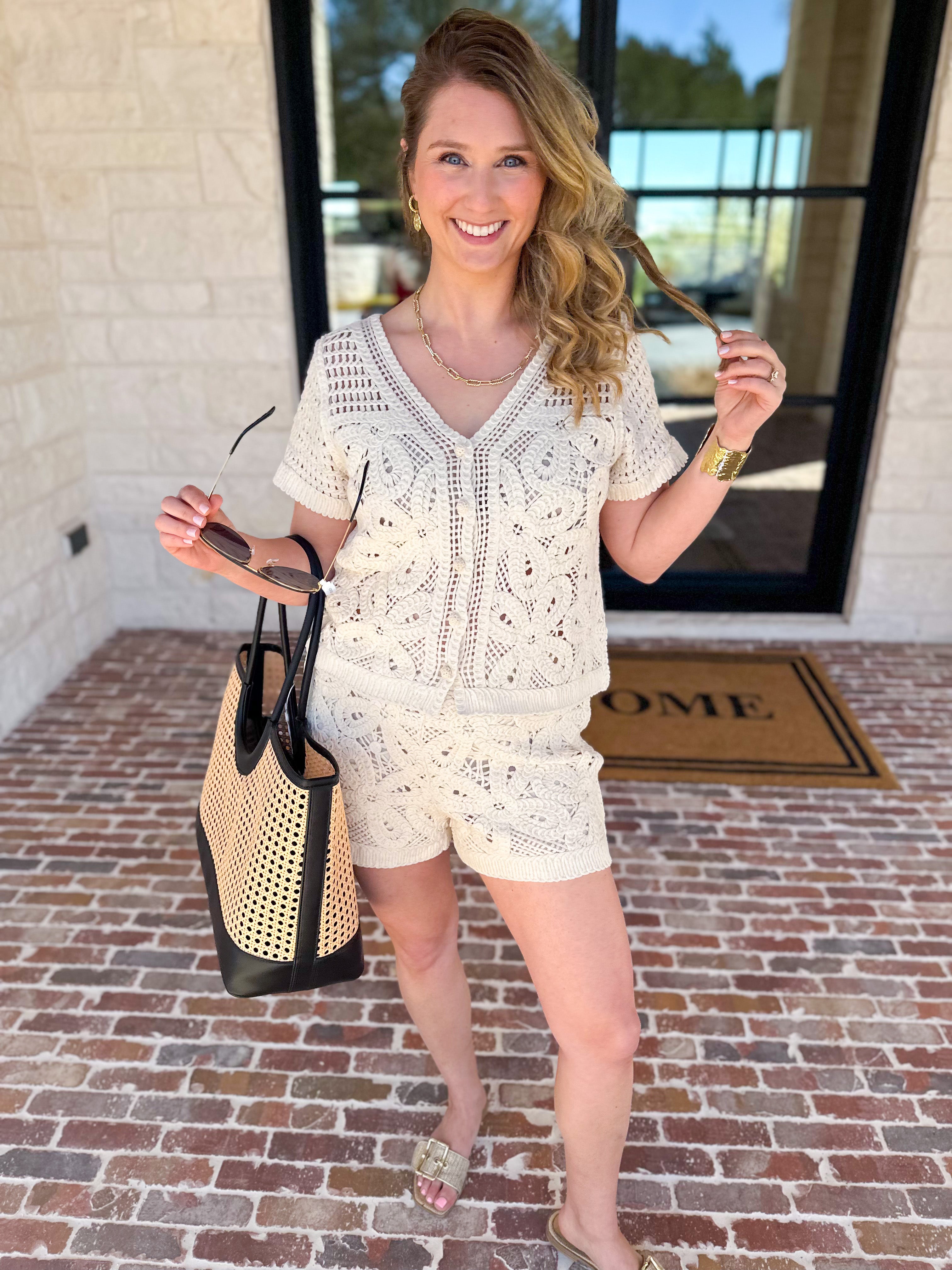 Luxe Crochet Knit Shorts Set-200 Fashion Blouses-SKIES ARE BLUE-July & June Women's Fashion Boutique Located in San Antonio, Texas