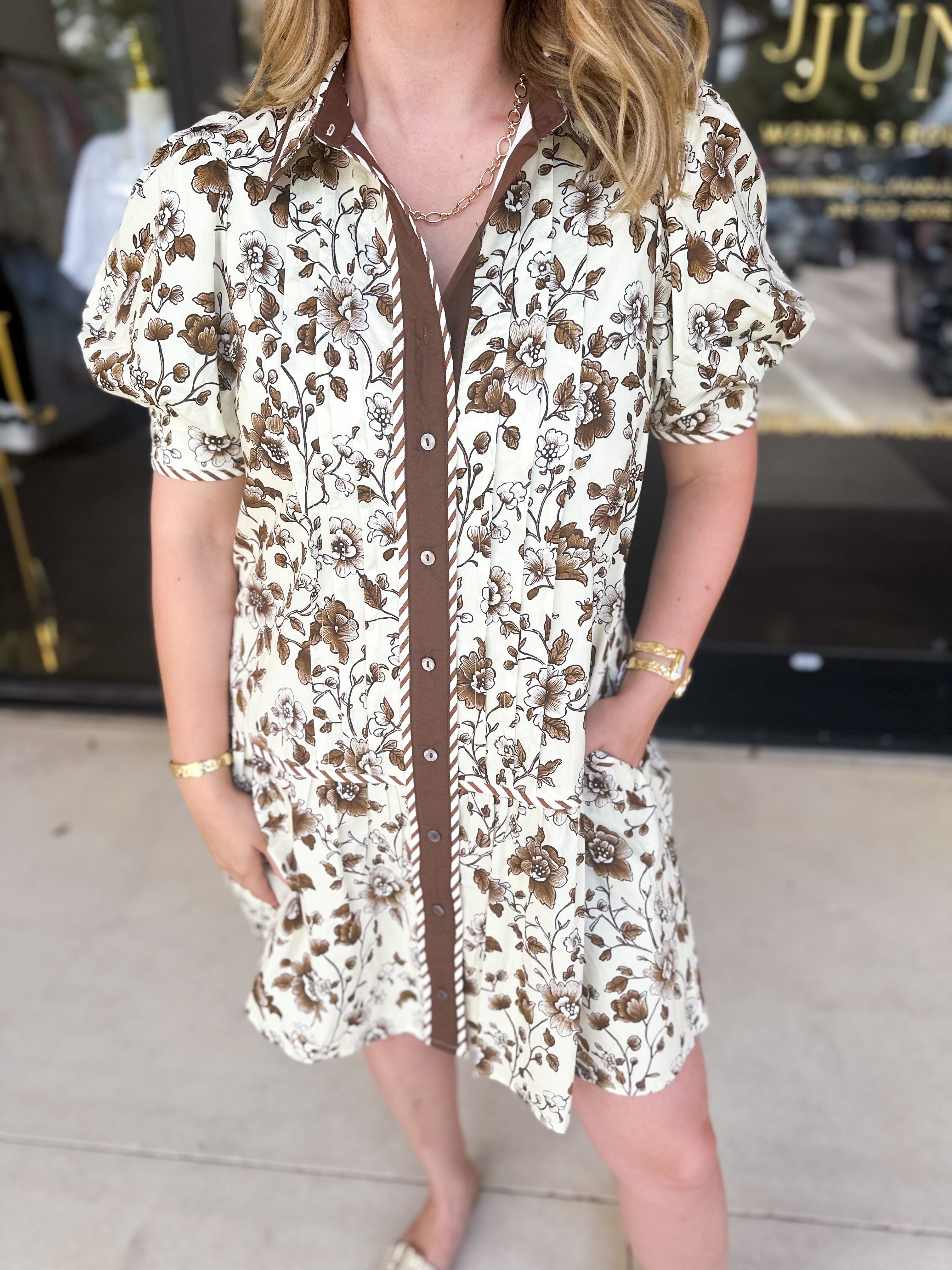 Mocha Floral & Stripe Mini Dress-510 Mini-ENTRO-July & June Women's Fashion Boutique Located in San Antonio, Texas