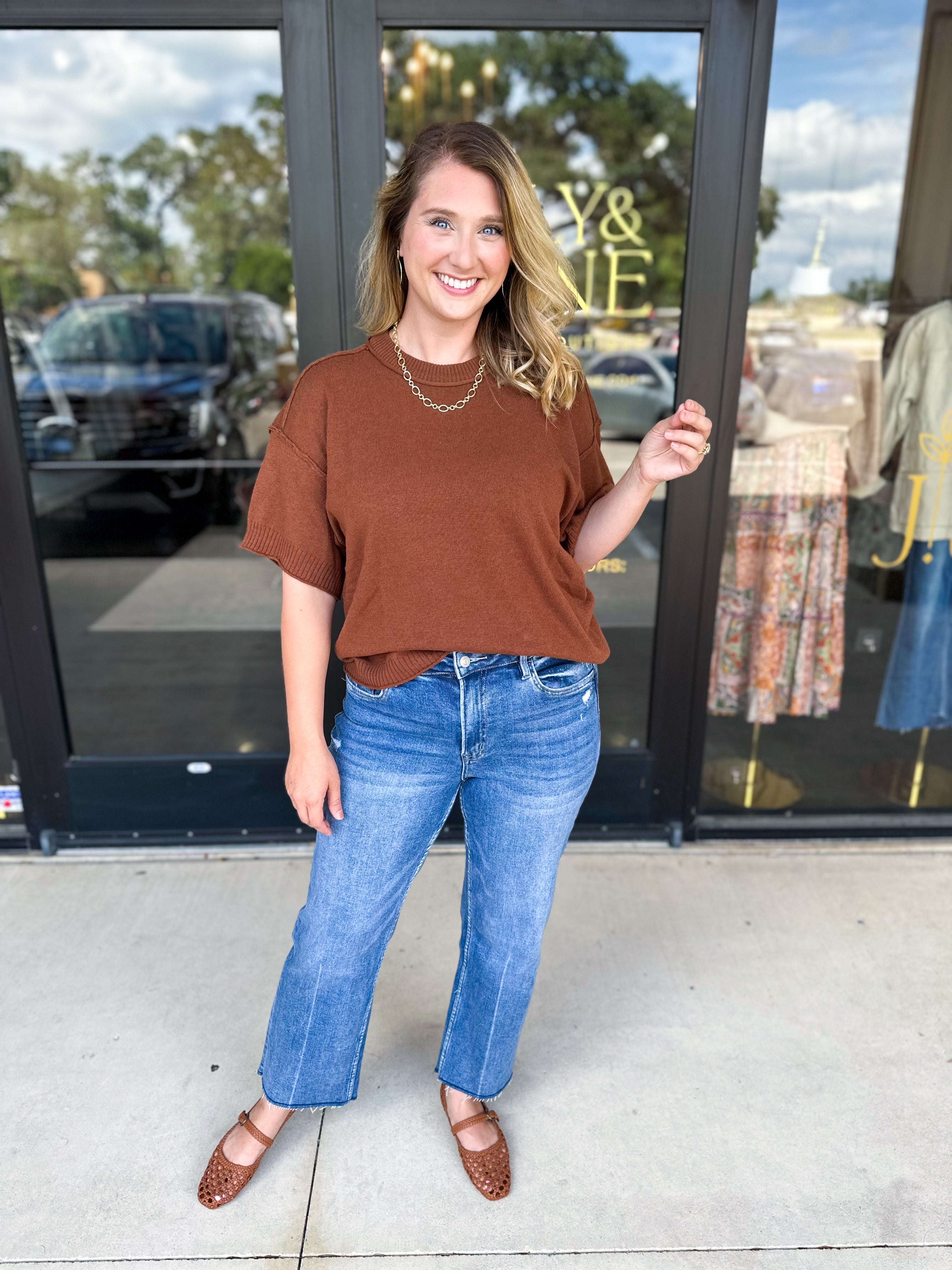 The Ella Knit Sweater Top - Brown-230 Sweaters/Cardis-JODIFL-July & June Women's Fashion Boutique Located in San Antonio, Texas
