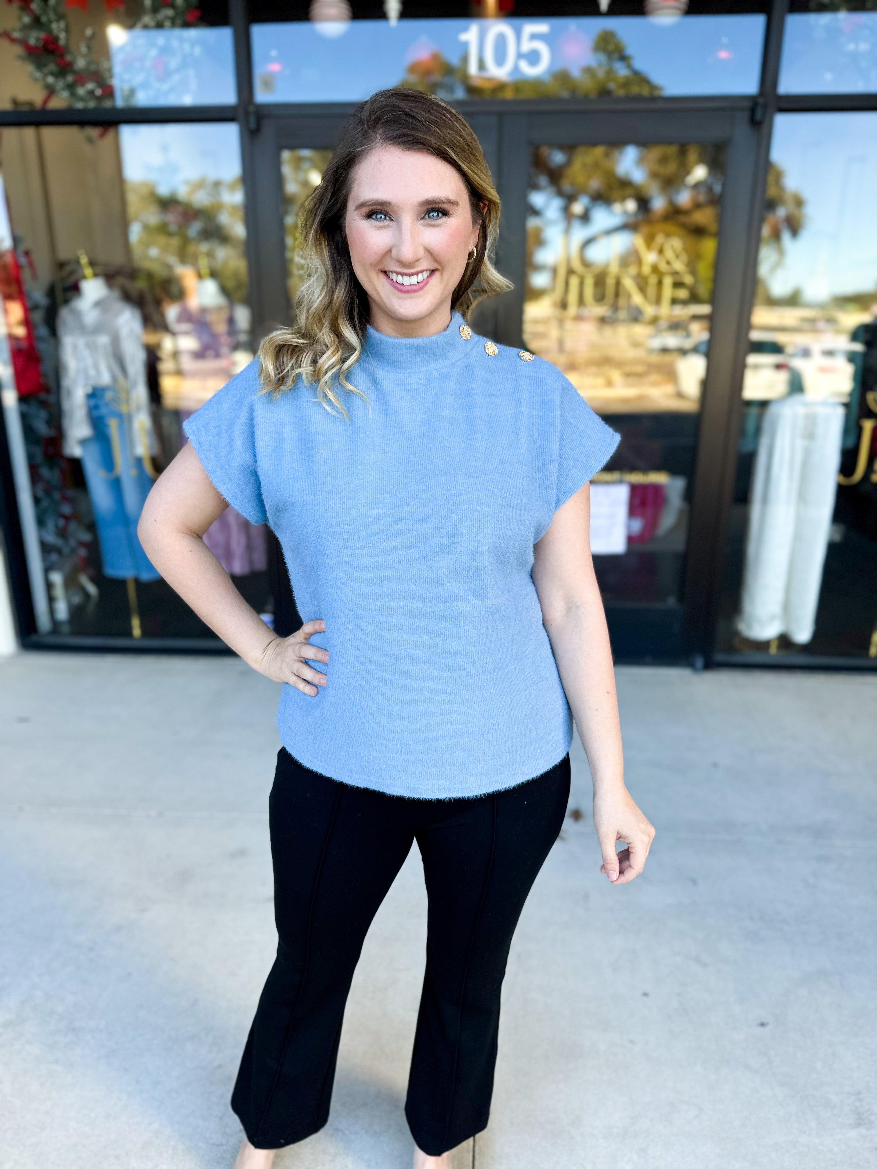 THML - Mock Neck Fuzzy Sweater Top - Ice Blue-230 Sweaters/Cardis-THML-July & June Women's Fashion Boutique Located in San Antonio, Texas