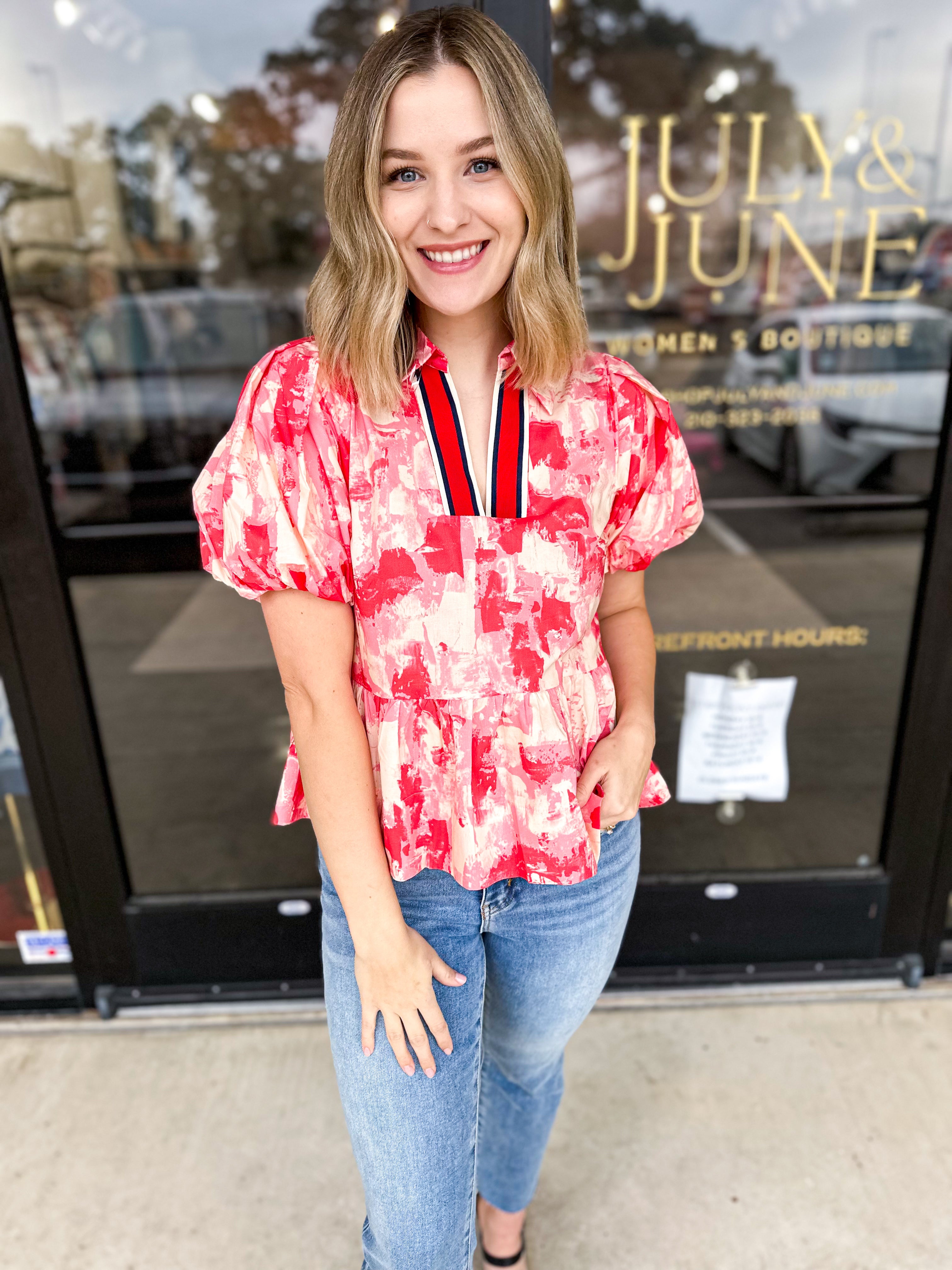 Peplum Chic Blouse - Pink Combo-200 Fashion Blouses-ENTRO-July & June Women's Fashion Boutique Located in San Antonio, Texas