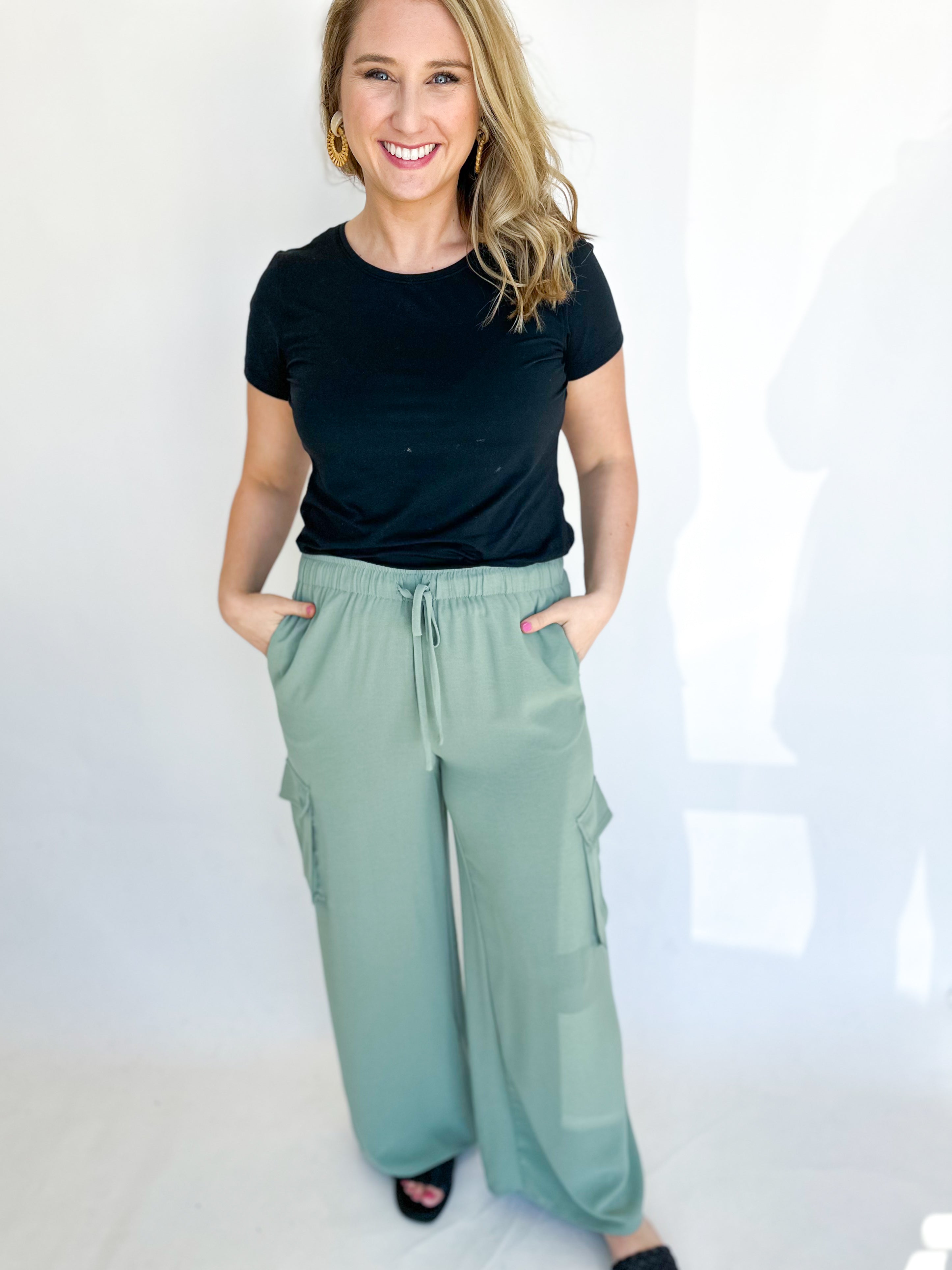 Chic & Flowy Cargo Pants - Sage-400 Pants-ENTRO-July & June Women's Fashion Boutique Located in San Antonio, Texas