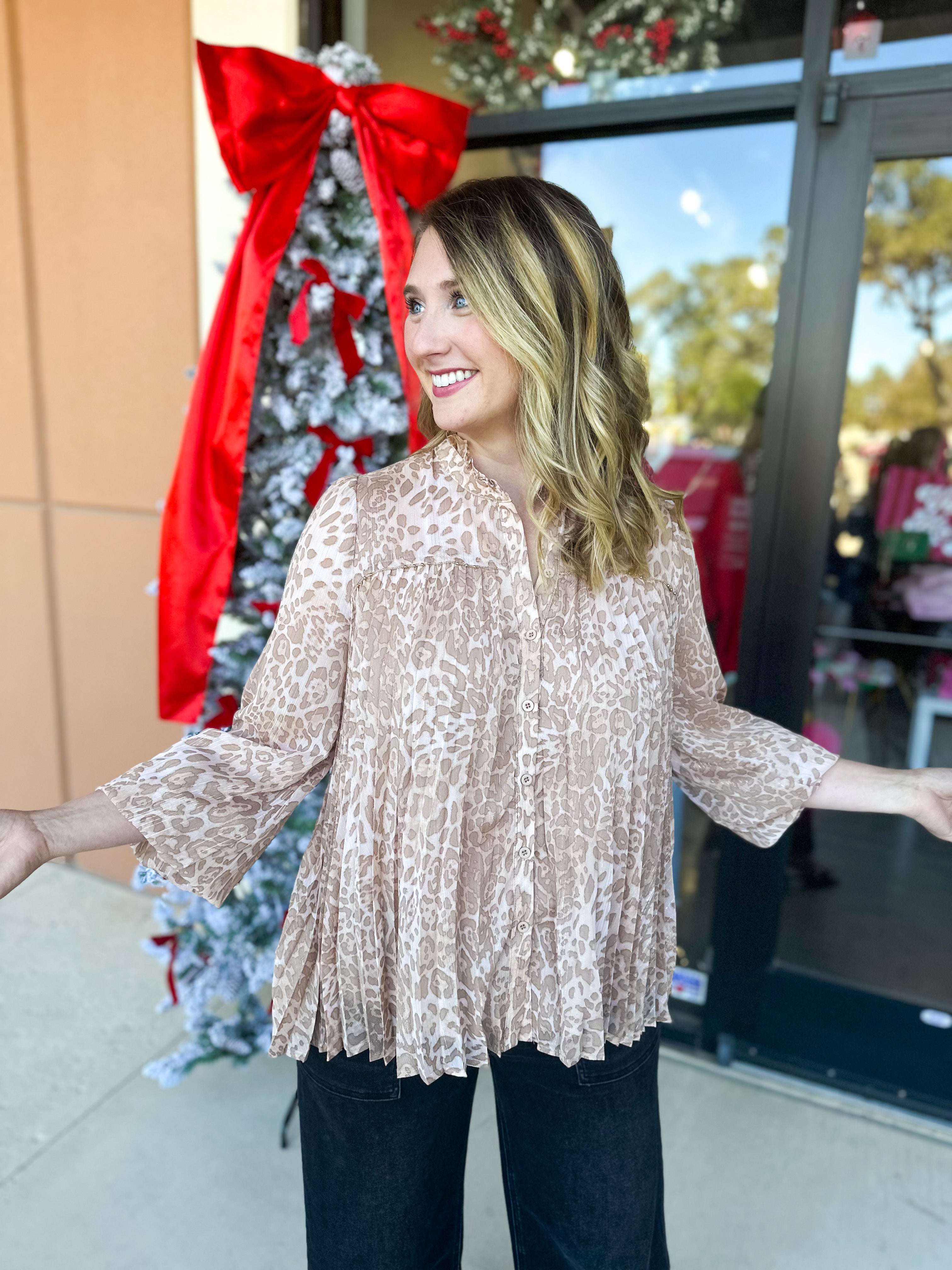 Champagne Cheetah Blouse-200 Fashion Blouses-FATE-July & June Women's Fashion Boutique Located in San Antonio, Texas