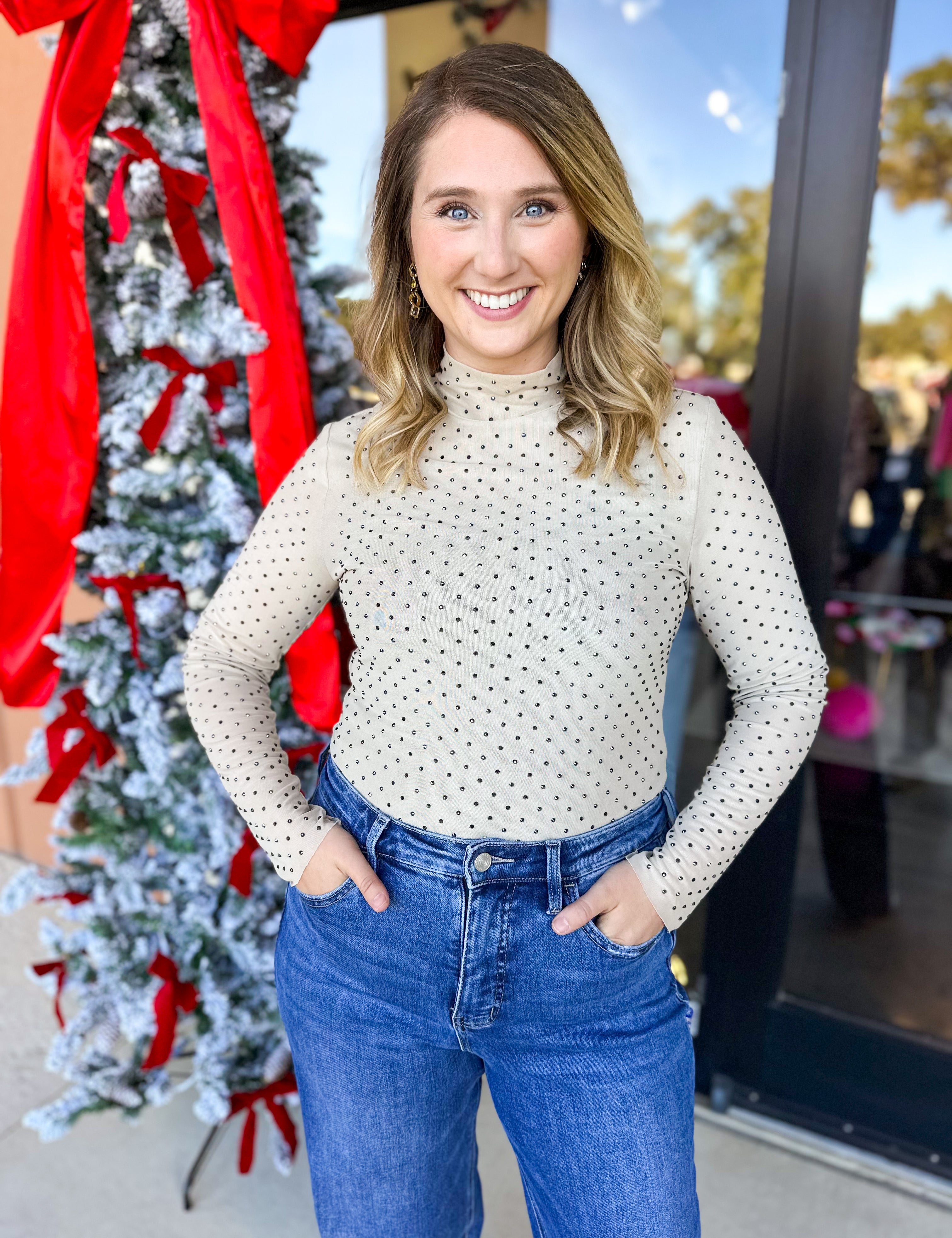 Sheer Rhinestone Long Sleeve Top - Champagne-200 Fashion Blouses-SKIES ARE BLUE-July & June Women's Fashion Boutique Located in San Antonio, Texas