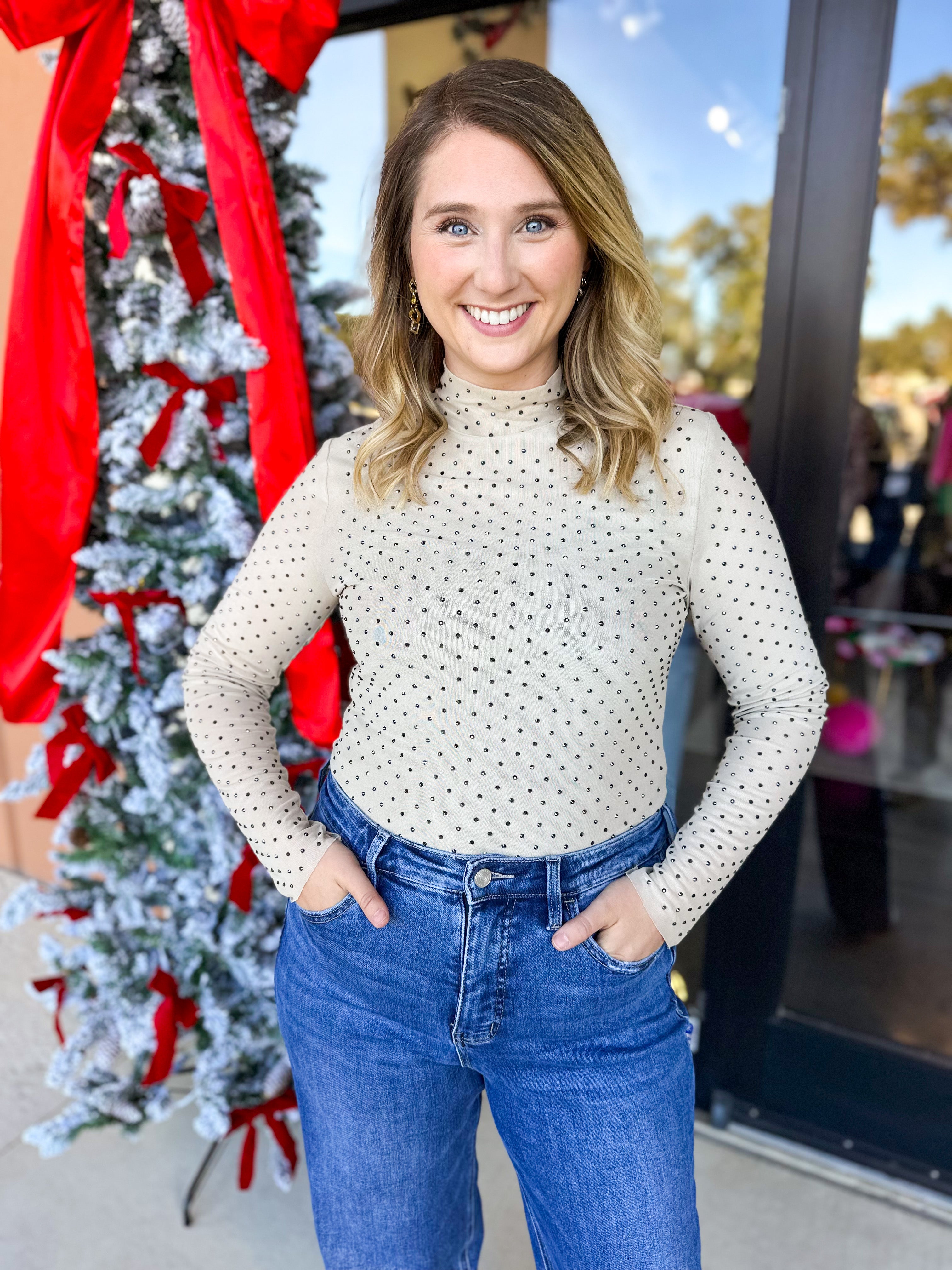 Sheer Rhinestone Long Sleeve Top - Champagne-200 Fashion Blouses-SKIES ARE BLUE-July & June Women's Fashion Boutique Located in San Antonio, Texas