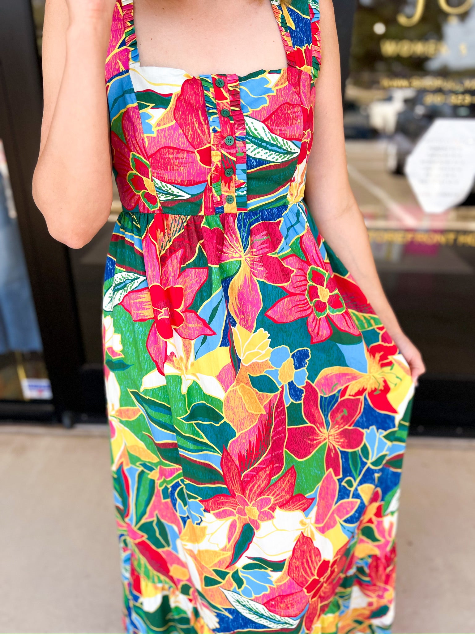 Bold Blooms Midi Dress-500 Midi-SKIES ARE BLUE-July & June Women's Fashion Boutique Located in San Antonio, Texas