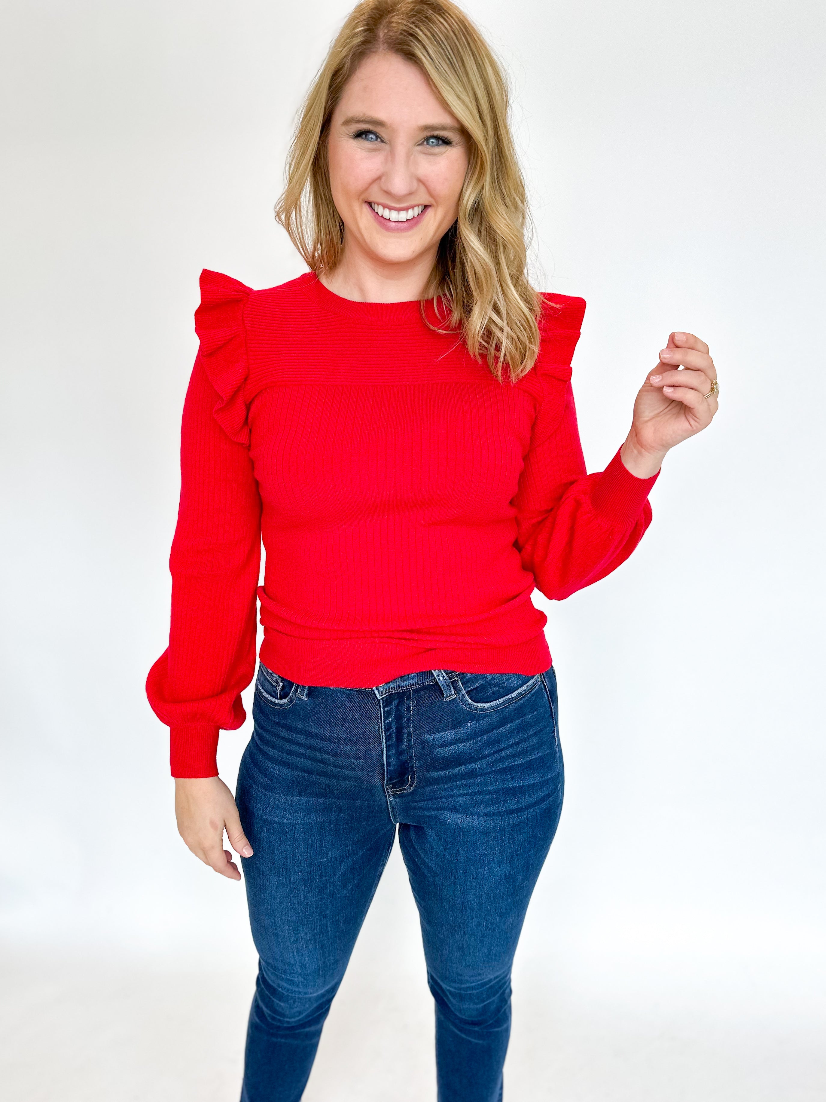 Classy Ruffle Sweater- Red-230 Sweaters/Cardis-&MERCI-July & June Women's Fashion Boutique Located in San Antonio, Texas