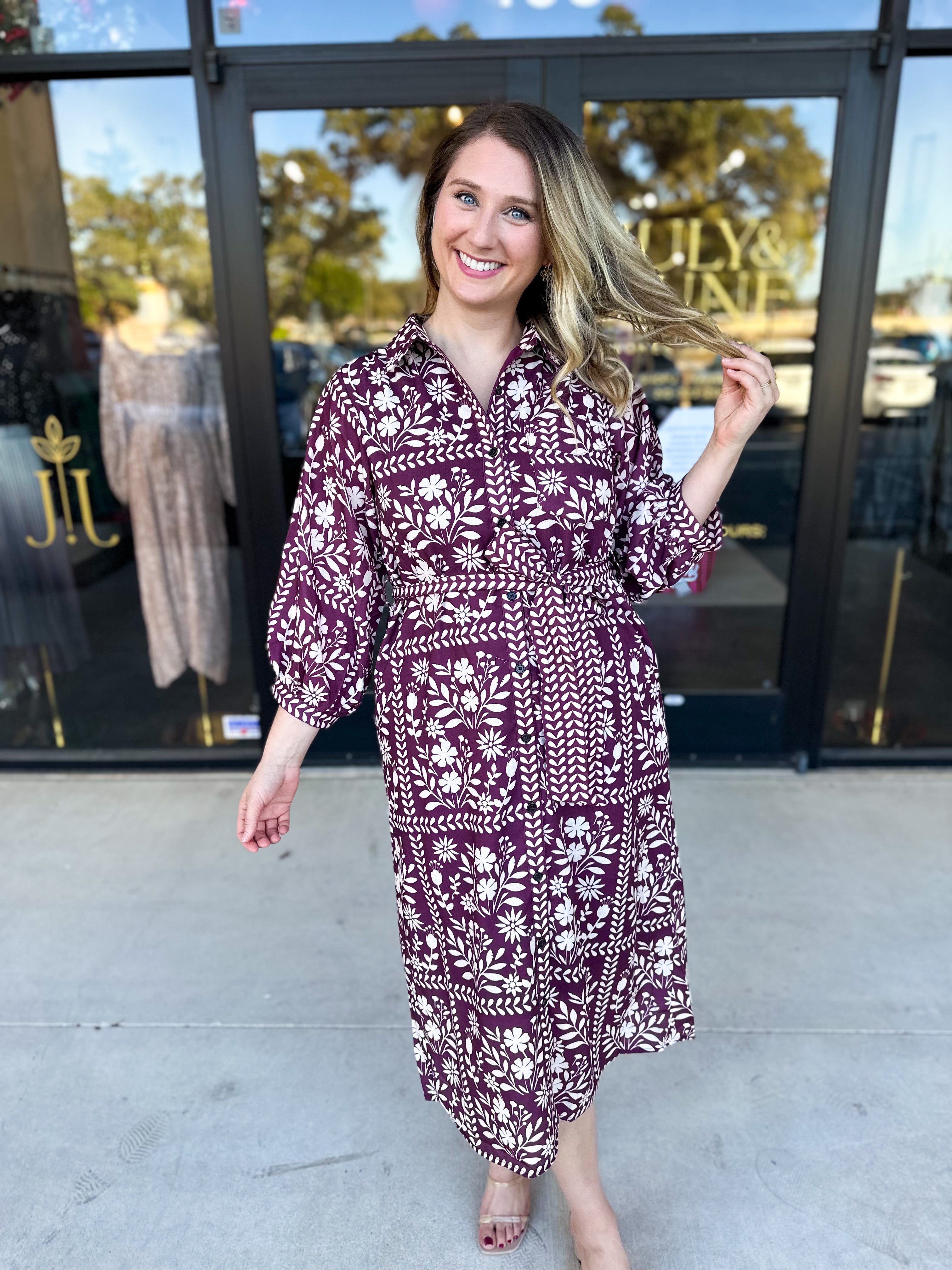 The Wrenlee Wrap Midi Dress - Wine-500 Midi-POLOGRAM-July & June Women's Fashion Boutique Located in San Antonio, Texas