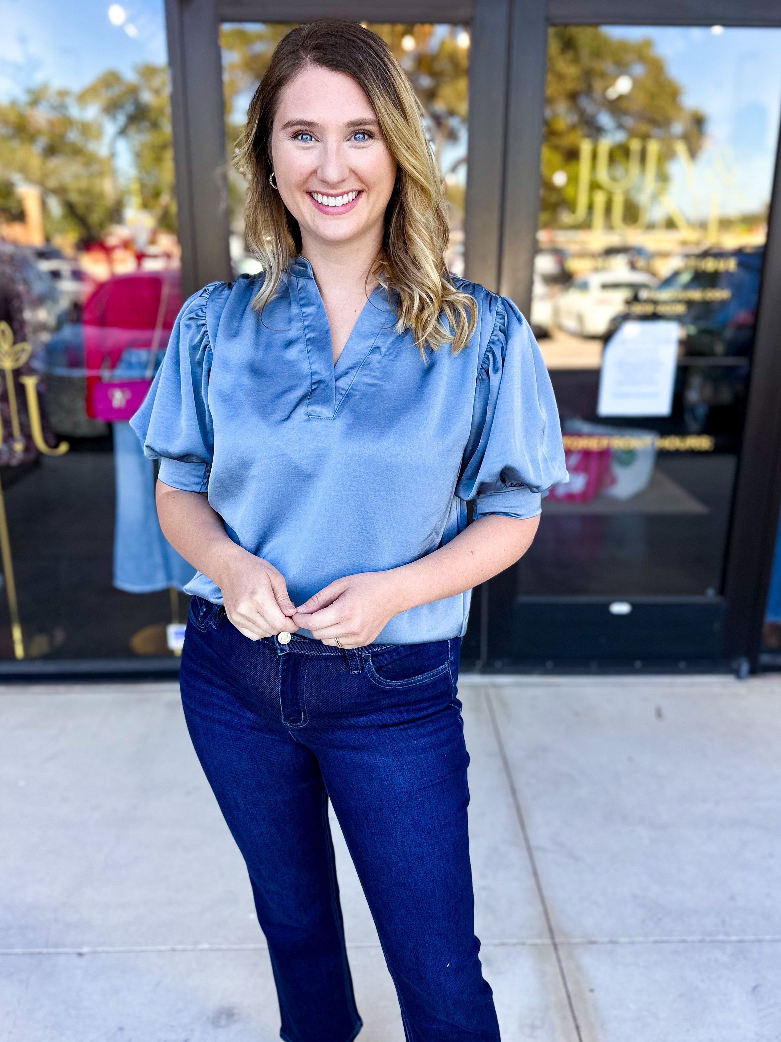 Pink Friday Doorbuster - Puff Sleeve Satin Blouse - Slate - IN STORE-PINK FRIDAY DOORBUSTERS-GLAM-July & June Women's Fashion Boutique Located in San Antonio, Texas