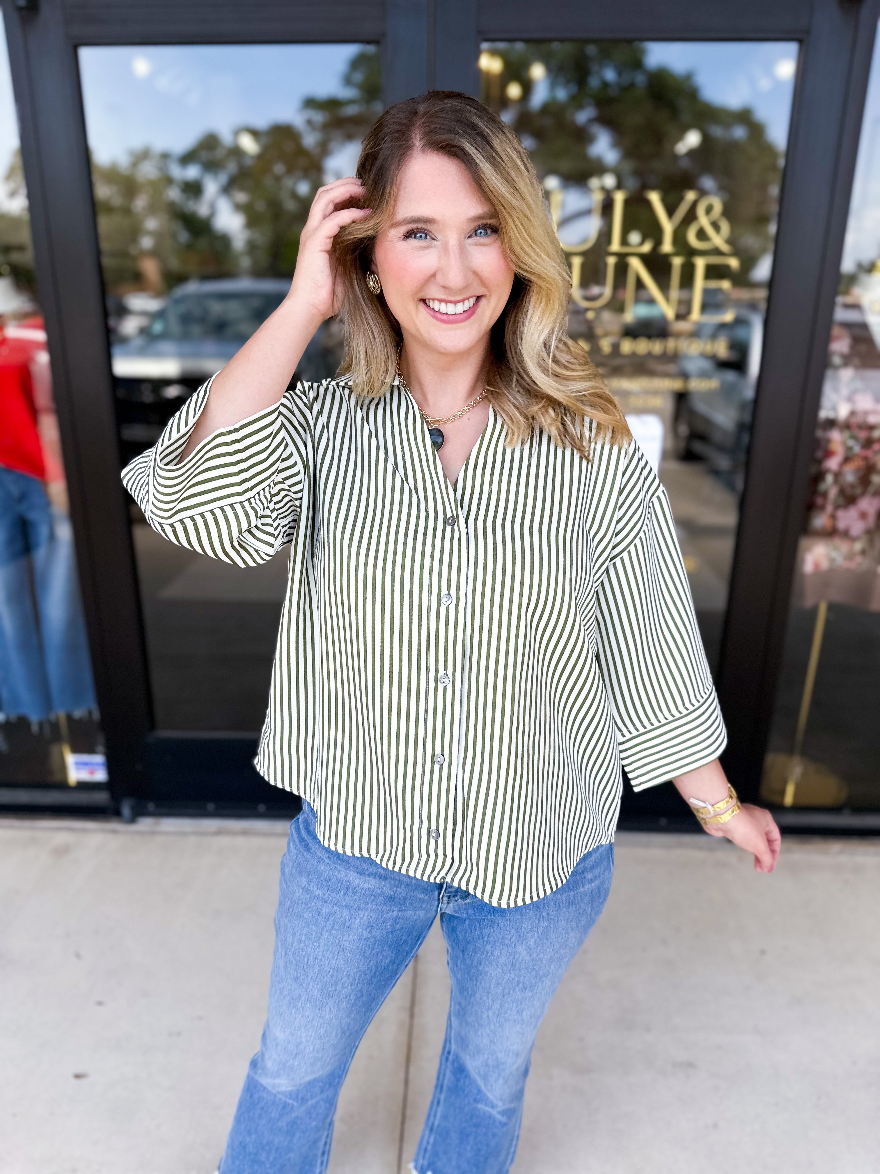 Chic Stripe Blouse - Olive-200 Fashion Blouses-ENTRO-July & June Women's Fashion Boutique Located in San Antonio, Texas
