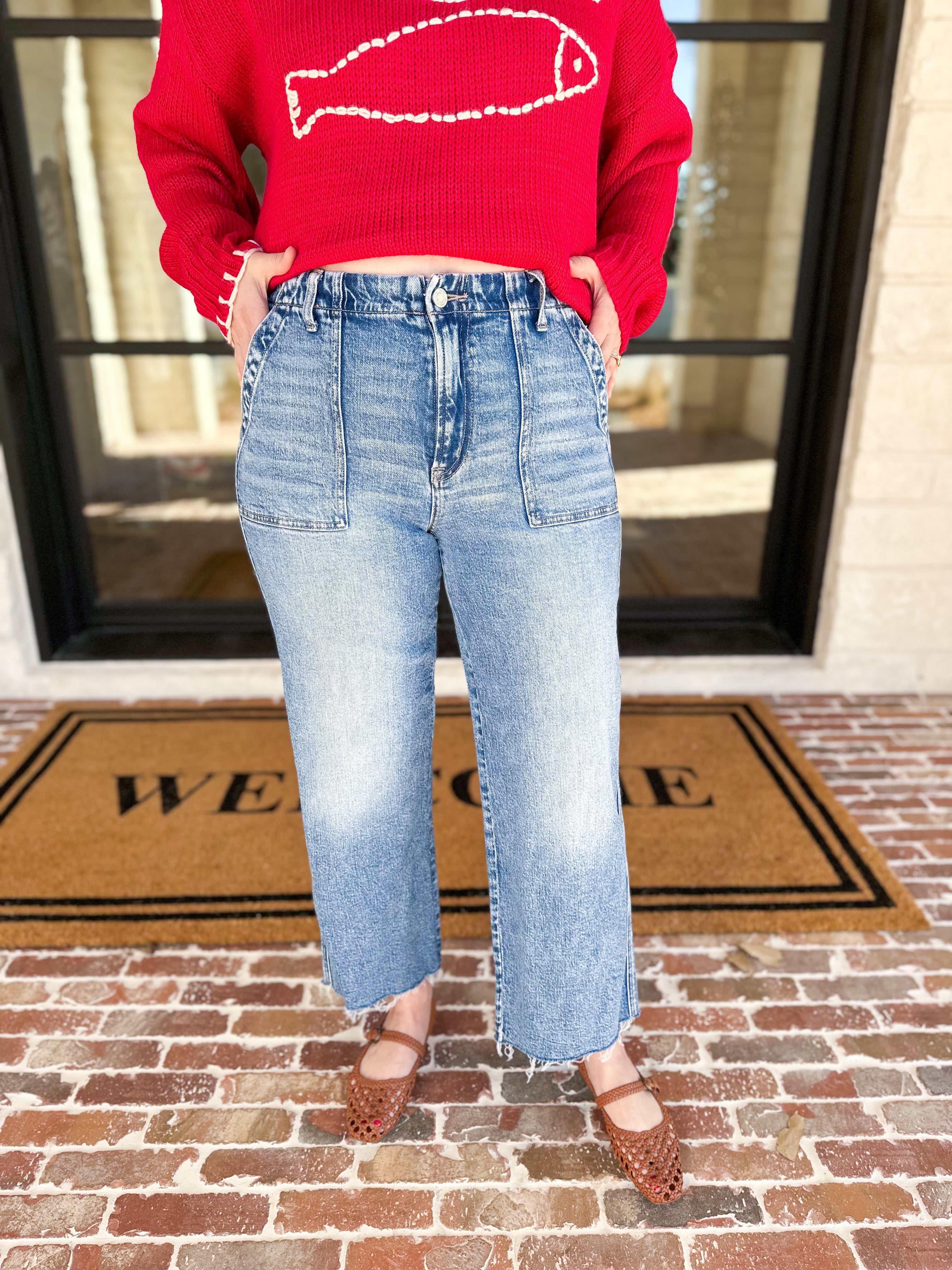 Vervet - High Rise Slim Wide Patch Pocket Jeans-400 Pants-VEVERT BY FLYING MONKEY-July & June Women's Fashion Boutique Located in San Antonio, Texas
