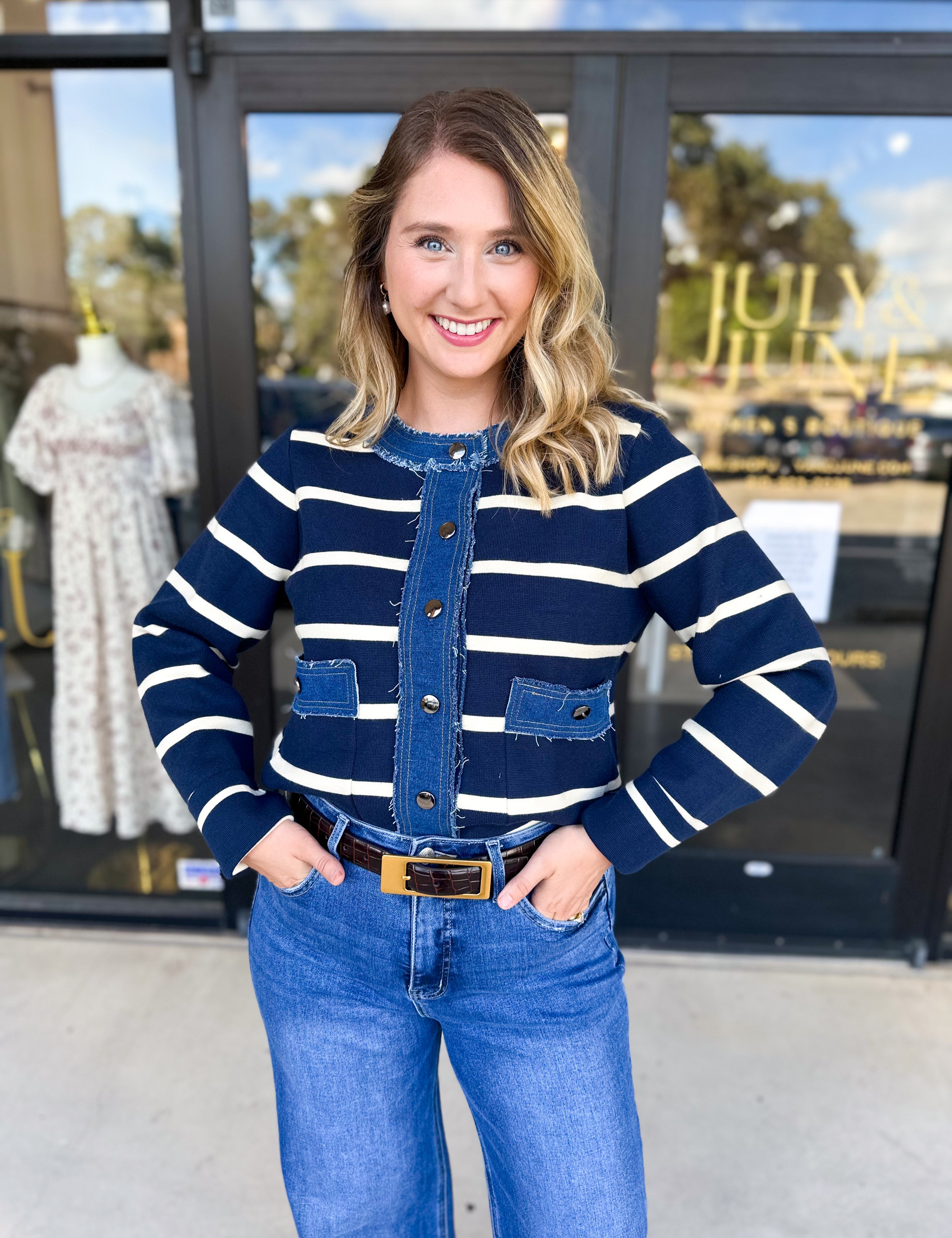 Denim Dreams Cardigan-230 Sweaters/Cardis-ENTRO-July & June Women's Fashion Boutique Located in San Antonio, Texas