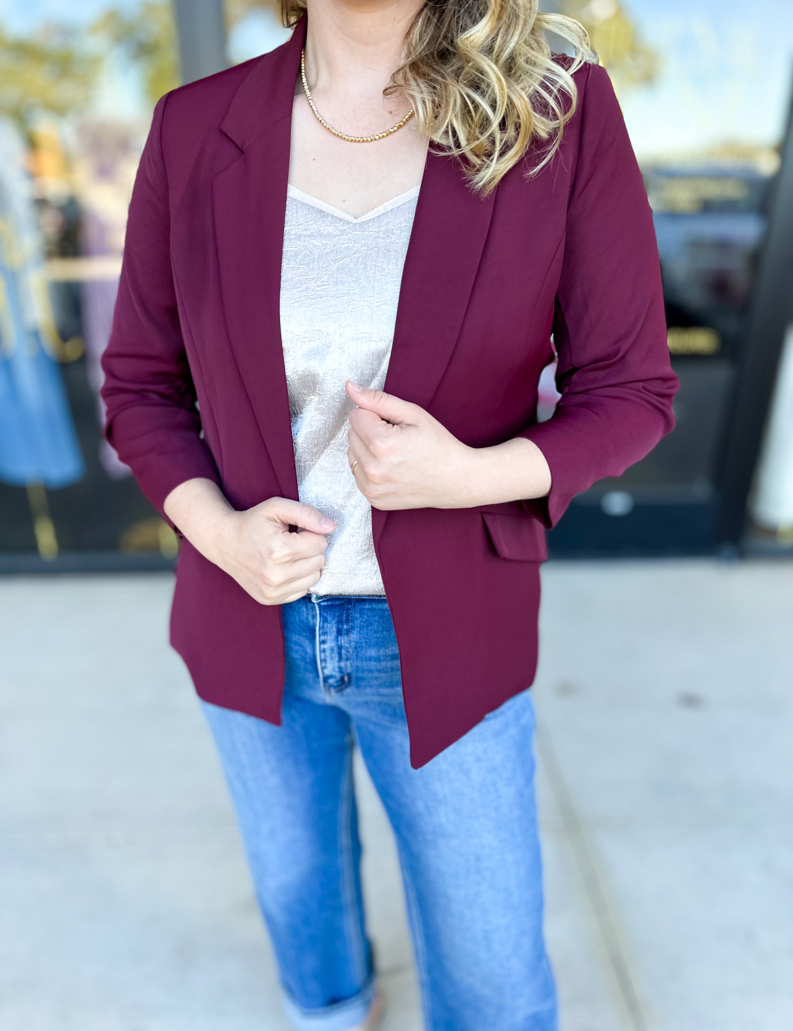 The Blair Blazer - Wine-600 Outerwear-SKIES ARE BLUE-July & June Women's Fashion Boutique Located in San Antonio, Texas