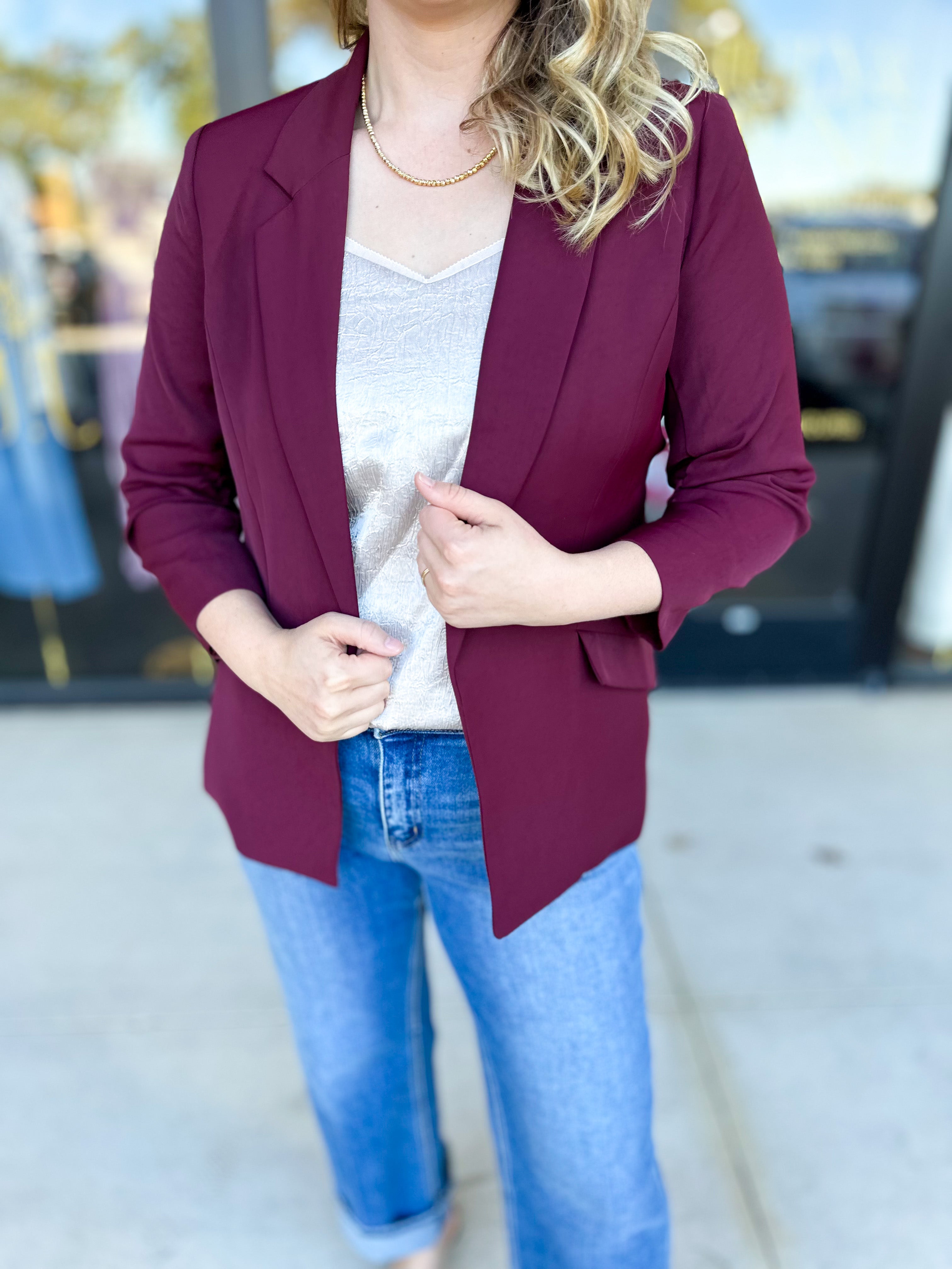 The Blair Blazer - Wine-600 Outerwear-SKIES ARE BLUE-July & June Women's Fashion Boutique Located in San Antonio, Texas