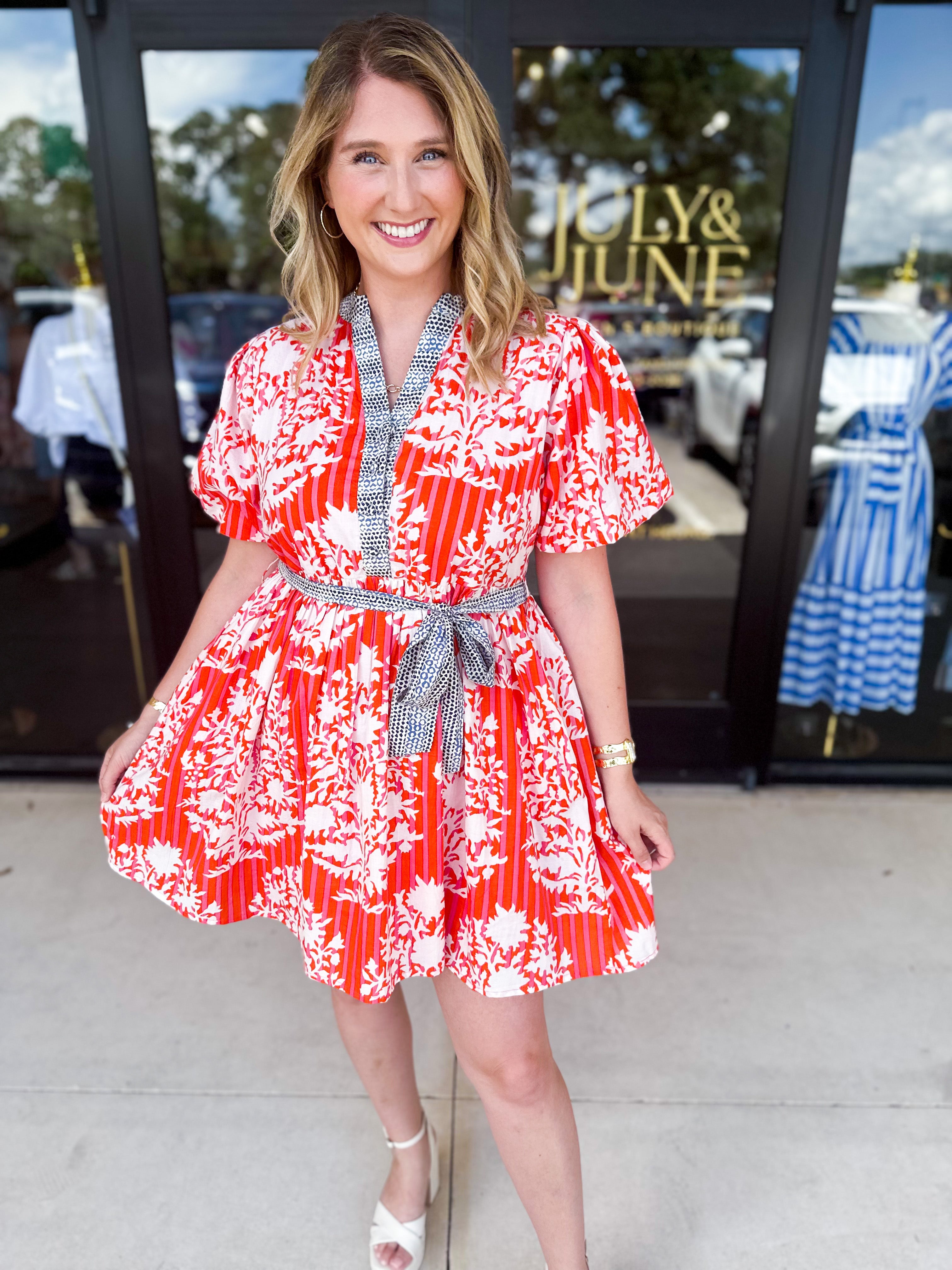 THML - Orange & Blue Mini Dress-510 Mini-THML-July & June Women's Fashion Boutique Located in San Antonio, Texas
