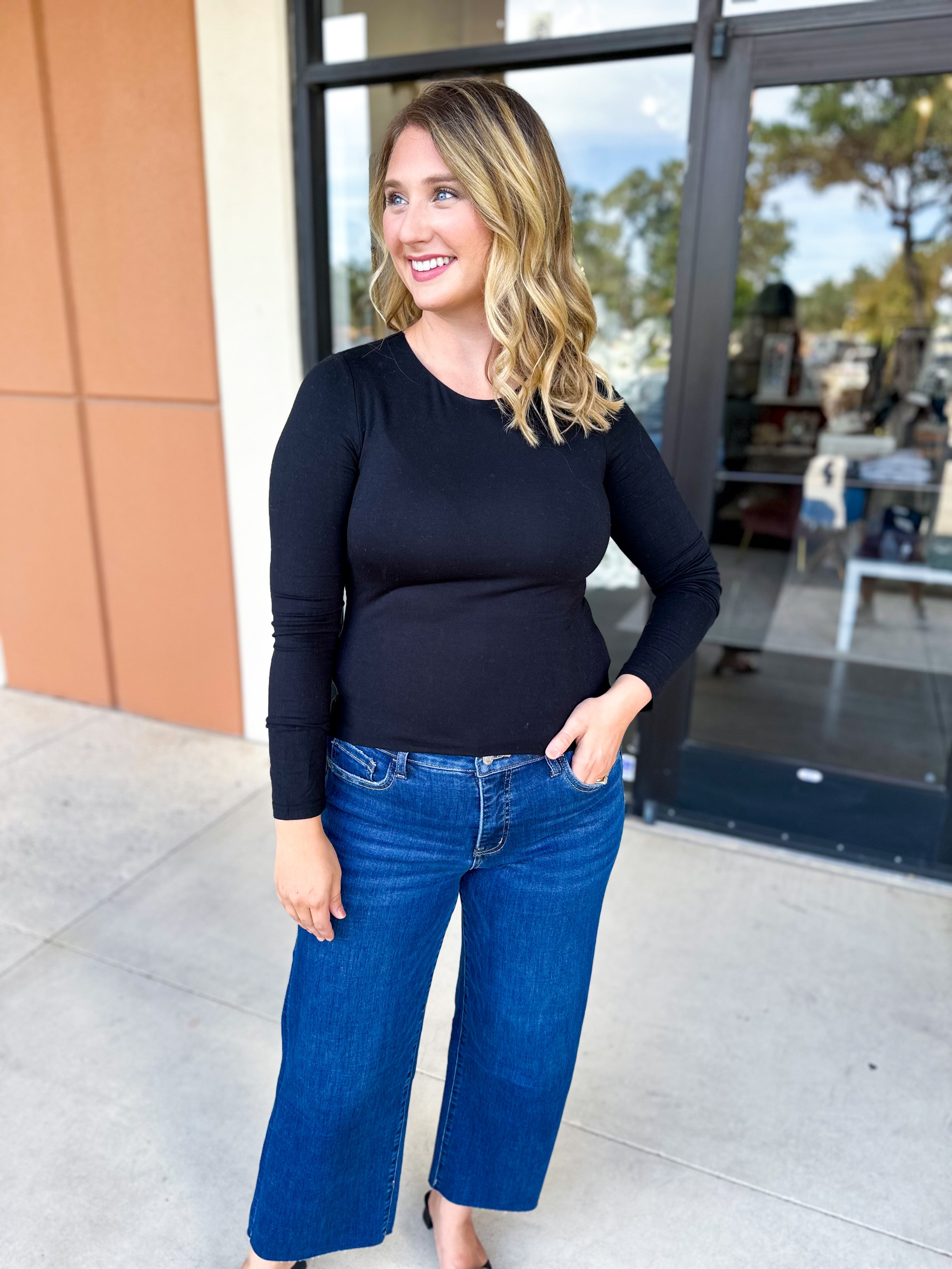 Double Lined Layering Long Sleeve Tops - Black-220 Basic Tops-POLOGRAM-July & June Women's Fashion Boutique Located in San Antonio, Texas