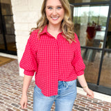 Red & Pink Gingham Button Down Top-200 Fashion Blouses-DAY + MOON-July & June Women's Fashion Boutique Located in San Antonio, Texas