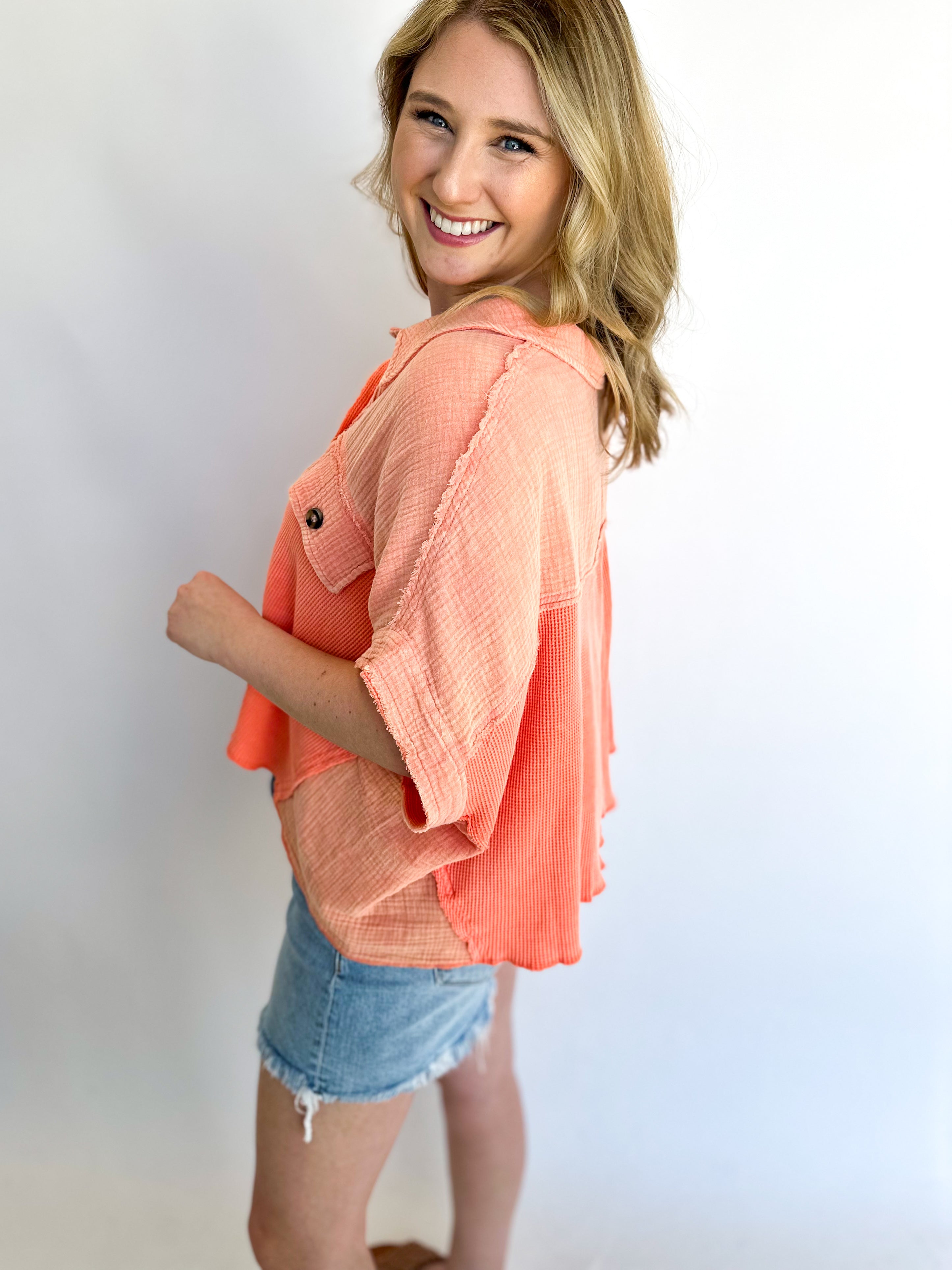 Peach Mixed Media Tee-200 Fashion Blouses-FANTASTIC FAWN-July & June Women's Fashion Boutique Located in San Antonio, Texas