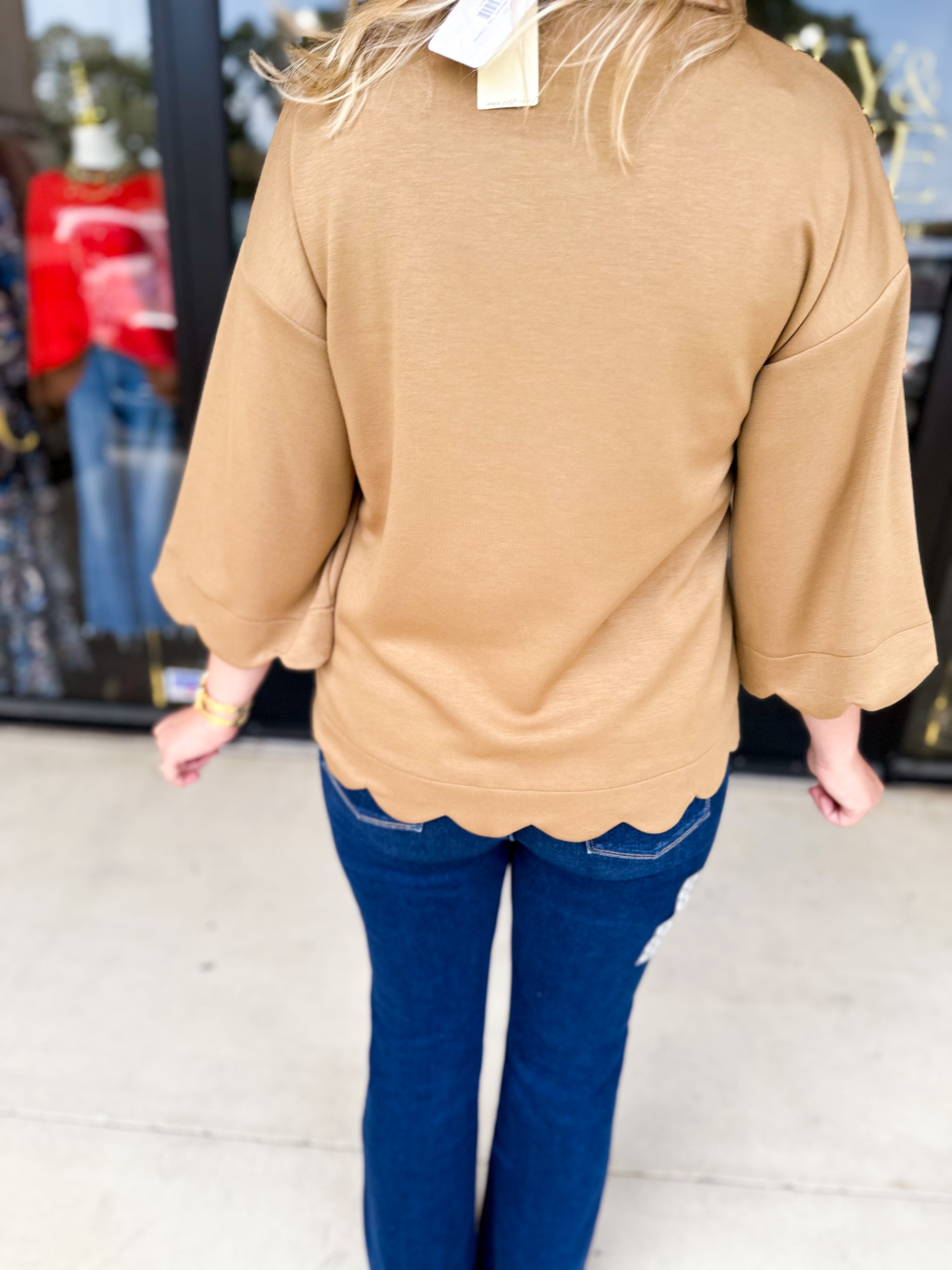 Soft Scalloped Top - Camel-200 Fashion Blouses-JODIFL-July & June Women's Fashion Boutique Located in San Antonio, Texas