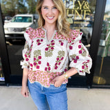Pink & Burgundy Floral Blouse-200 Fashion Blouses-ENTRO-July & June Women's Fashion Boutique Located in San Antonio, Texas