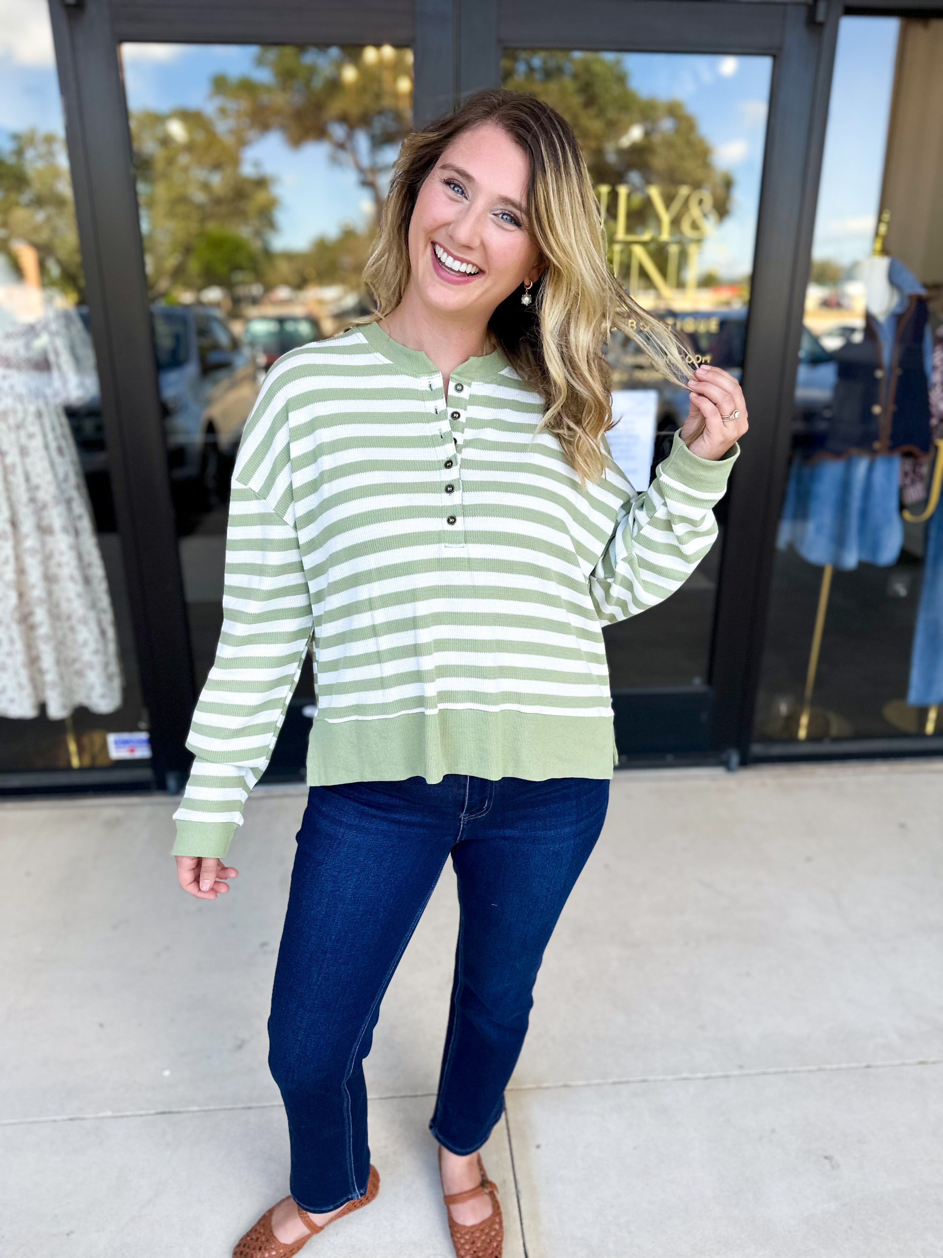 Casual Cool Henley Long Sleeve - Sage-210 Casual Blouses-POLOGRAM-July & June Women's Fashion Boutique Located in San Antonio, Texas