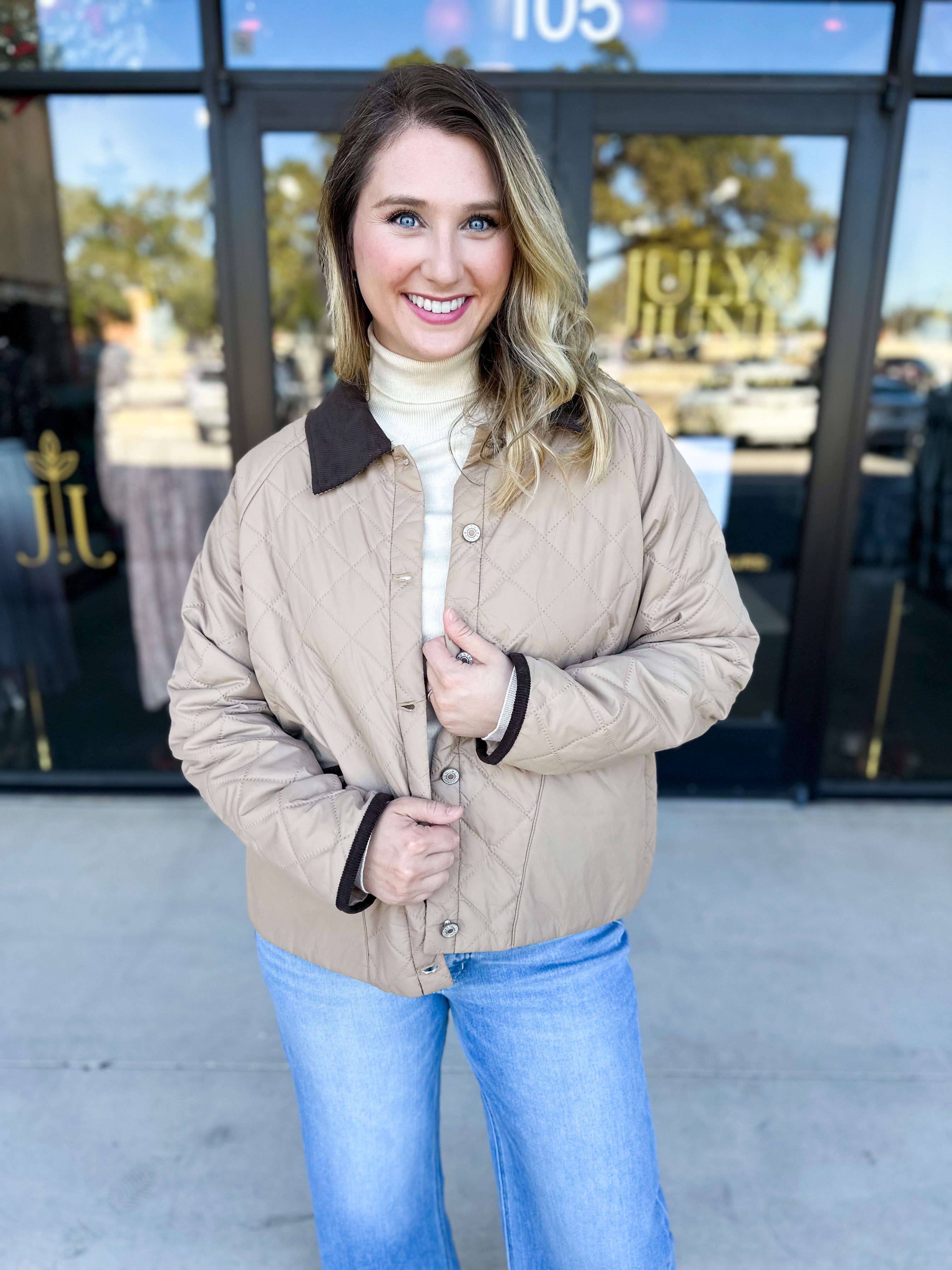 Khaki & Suede Jacket-600 Outerwear-ENTRO-July & June Women's Fashion Boutique Located in San Antonio, Texas