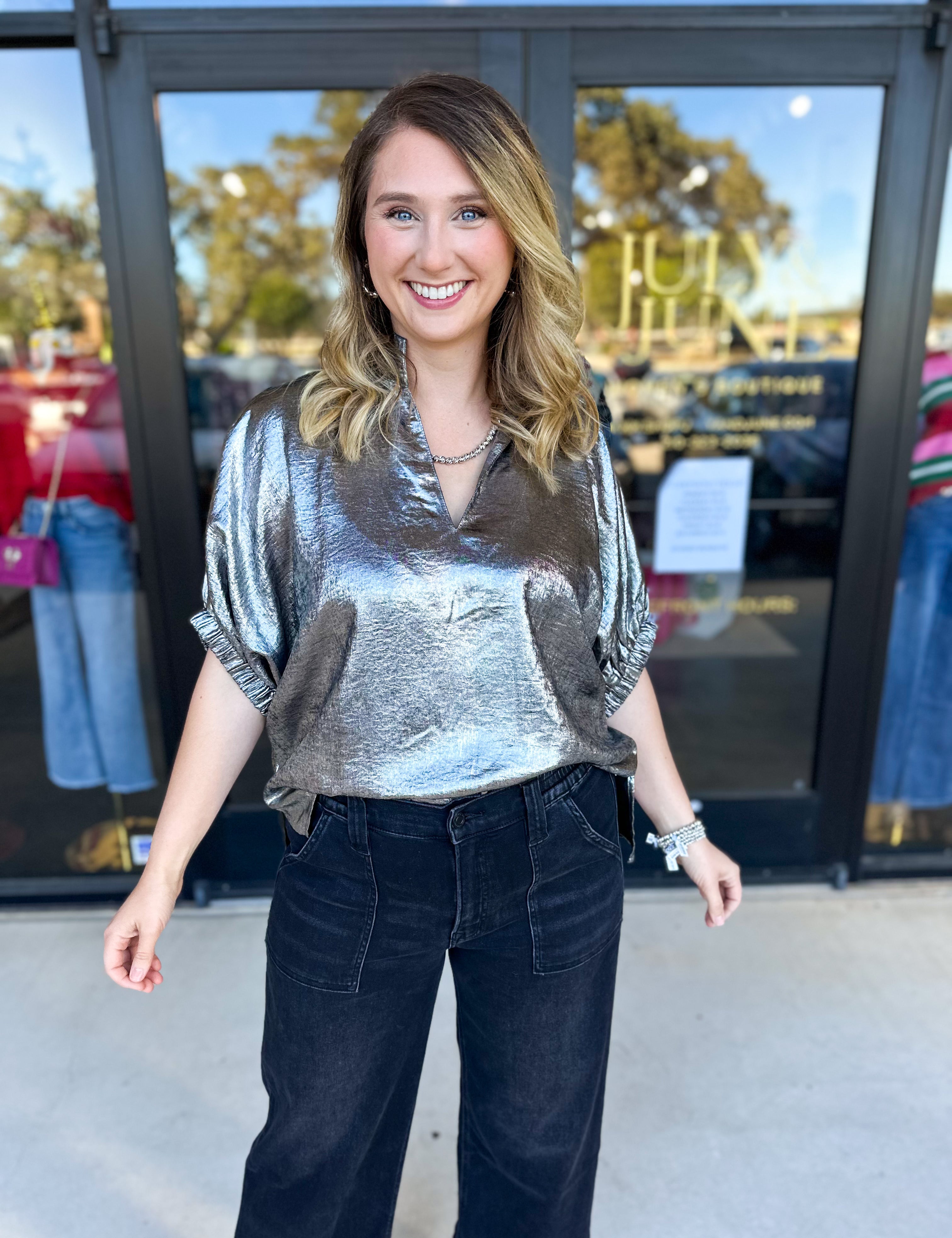 Celebration Blouse - Chrome-200 Fashion Blouses-ENTRO-July & June Women's Fashion Boutique Located in San Antonio, Texas