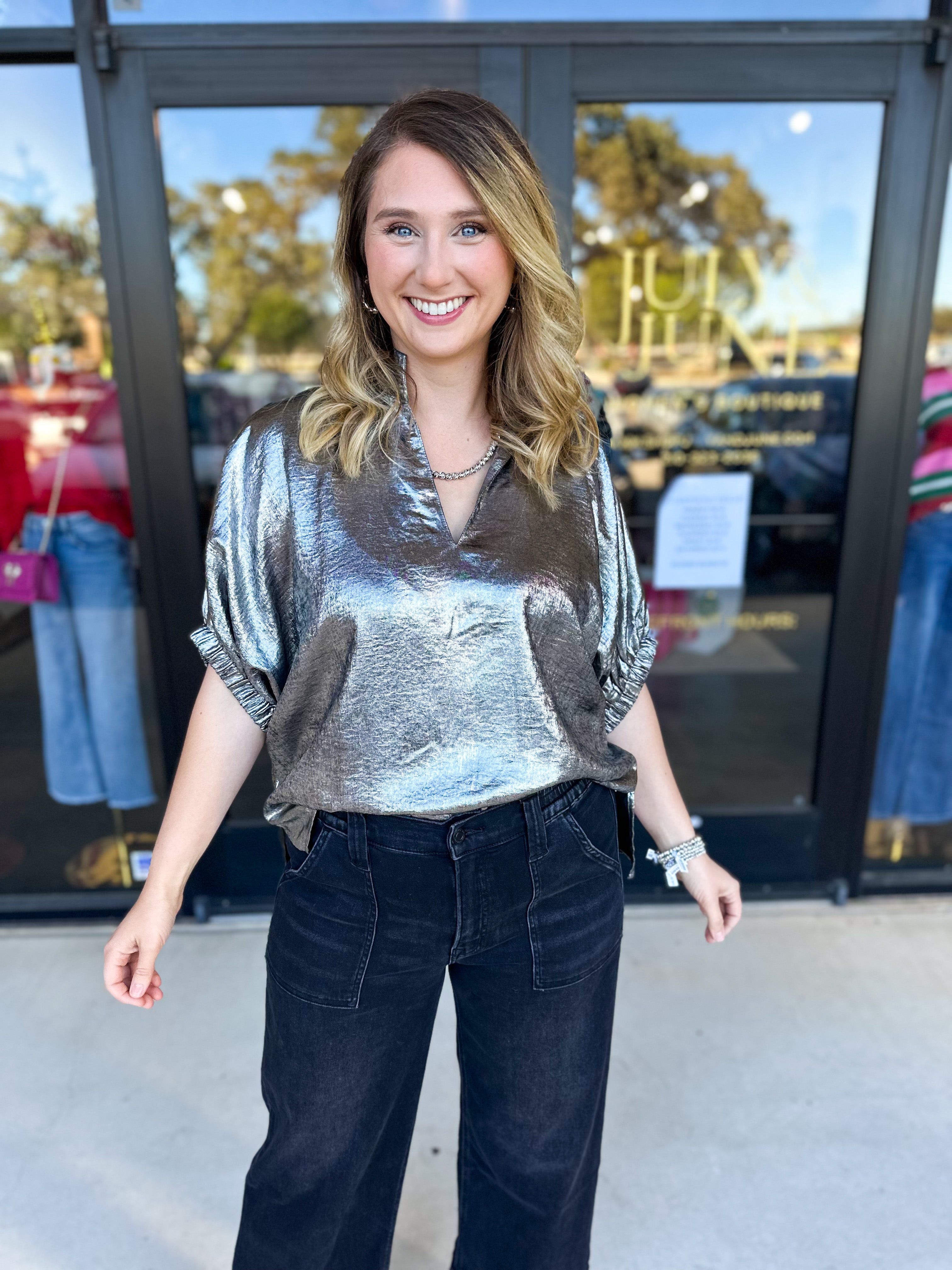 Celebration Blouse - Chrome-200 Fashion Blouses-ENTRO-July & June Women's Fashion Boutique Located in San Antonio, Texas