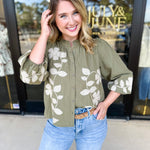 Mallory Embroidered Blouse - Light Olive-200 Fashion Blouses-ABLE-July & June Women's Fashion Boutique Located in San Antonio, Texas