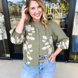 Mallory Embroidered Blouse - Light Olive-200 Fashion Blouses-ABLE-July & June Women's Fashion Boutique Located in San Antonio, Texas