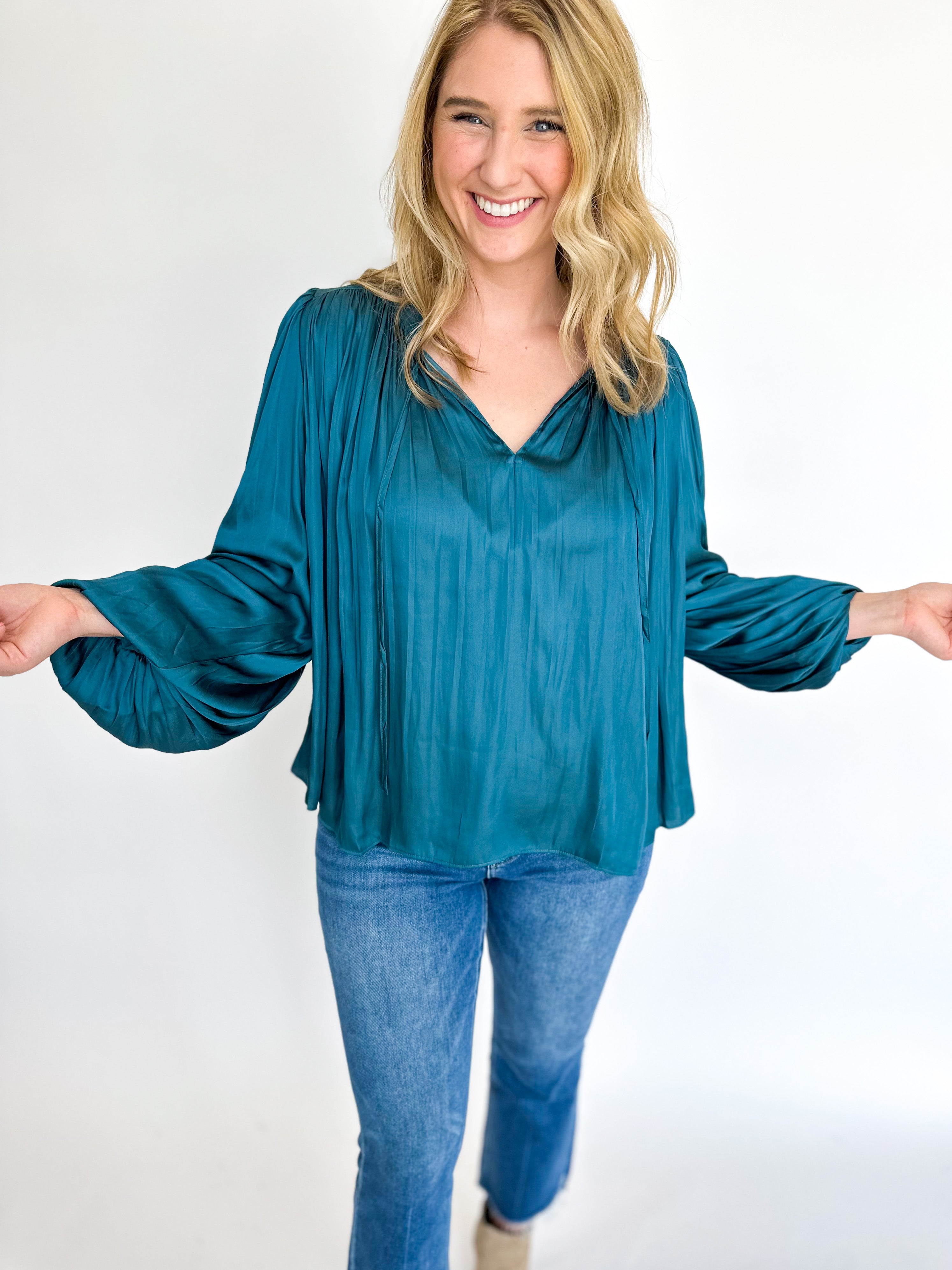 Dreamy Dark Teal Blouse-200 Fashion Blouses-CURRENT AIR CLOTHING-July & June Women's Fashion Boutique Located in San Antonio, Texas