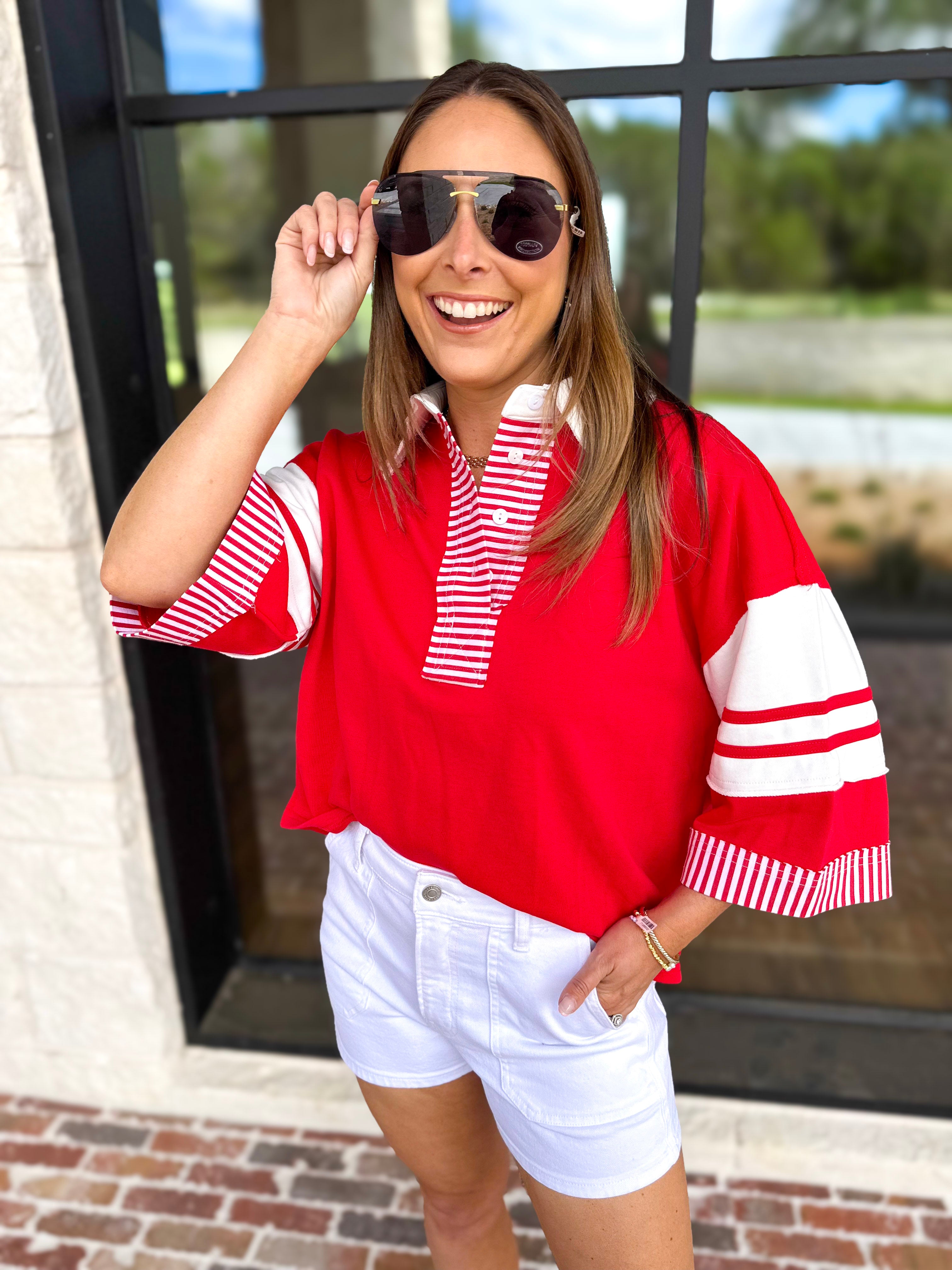Cool Girl Oversized Polo Top - Red-210 Casual Blouses-JODIFL-July & June Women's Fashion Boutique Located in San Antonio, Texas
