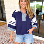 Cool Girl Oversized Polo Top - Navy-210 Casual Blouses-JODIFL-July & June Women's Fashion Boutique Located in San Antonio, Texas