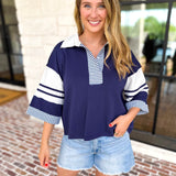Cool Girl Oversized Polo Top - Navy-210 Casual Blouses-JODIFL-July & June Women's Fashion Boutique Located in San Antonio, Texas