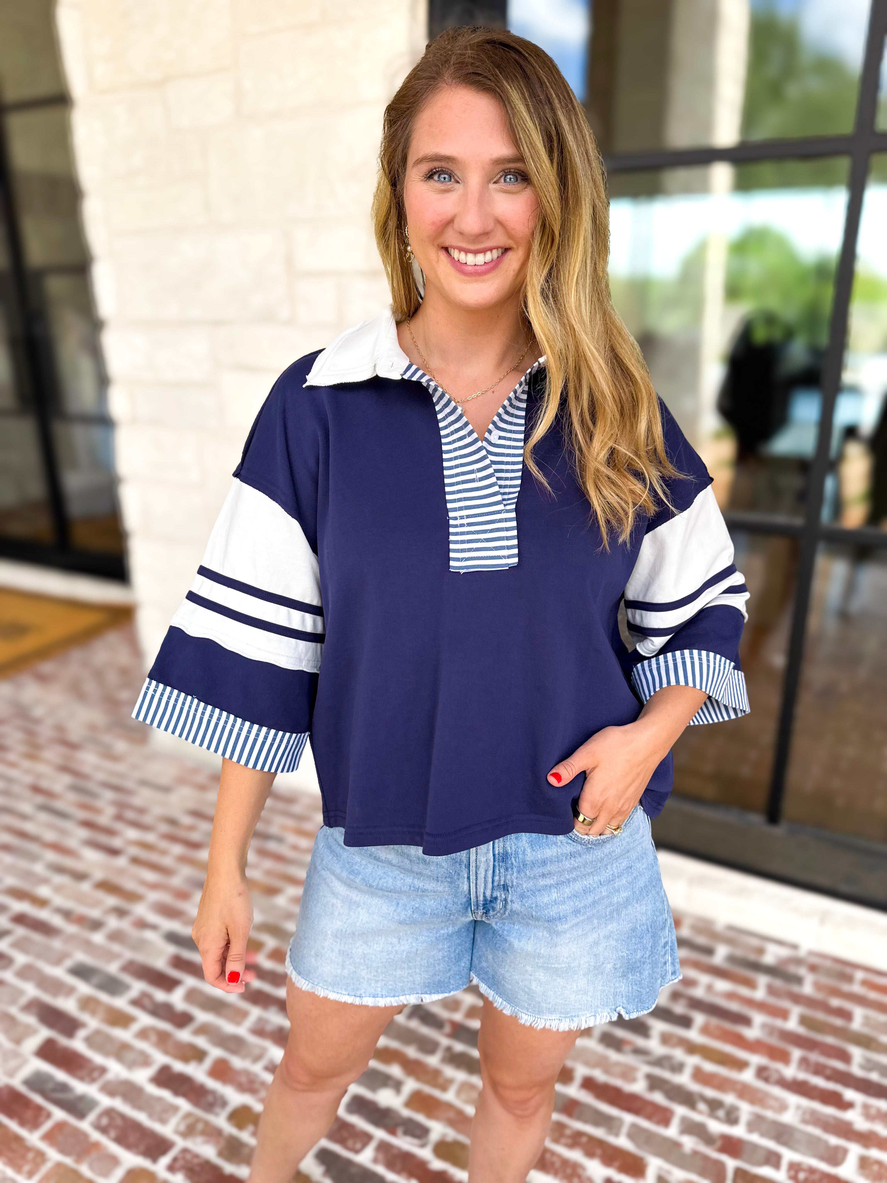 Cool Girl Oversized Polo Top - Navy-210 Casual Blouses-JODIFL-July & June Women's Fashion Boutique Located in San Antonio, Texas