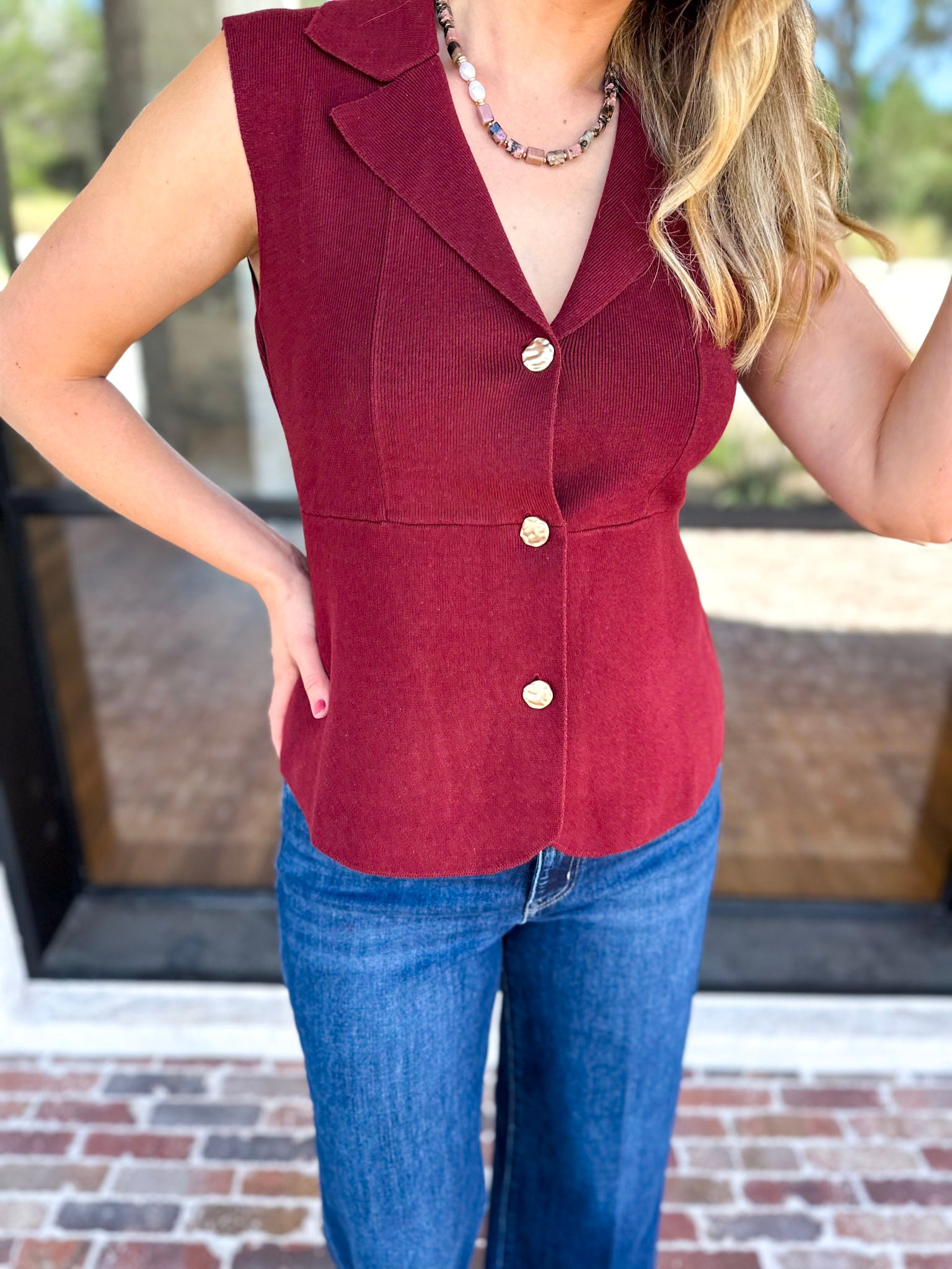 In Style Knit Vest - Merlot-200 Fashion Blouses-SKIES ARE BLUE-July & June Women's Fashion Boutique Located in San Antonio, Texas