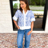 THML - Blue & Ivory Crochet Blouse-200 Fashion Blouses-THML-July & June Women's Fashion Boutique Located in San Antonio, Texas