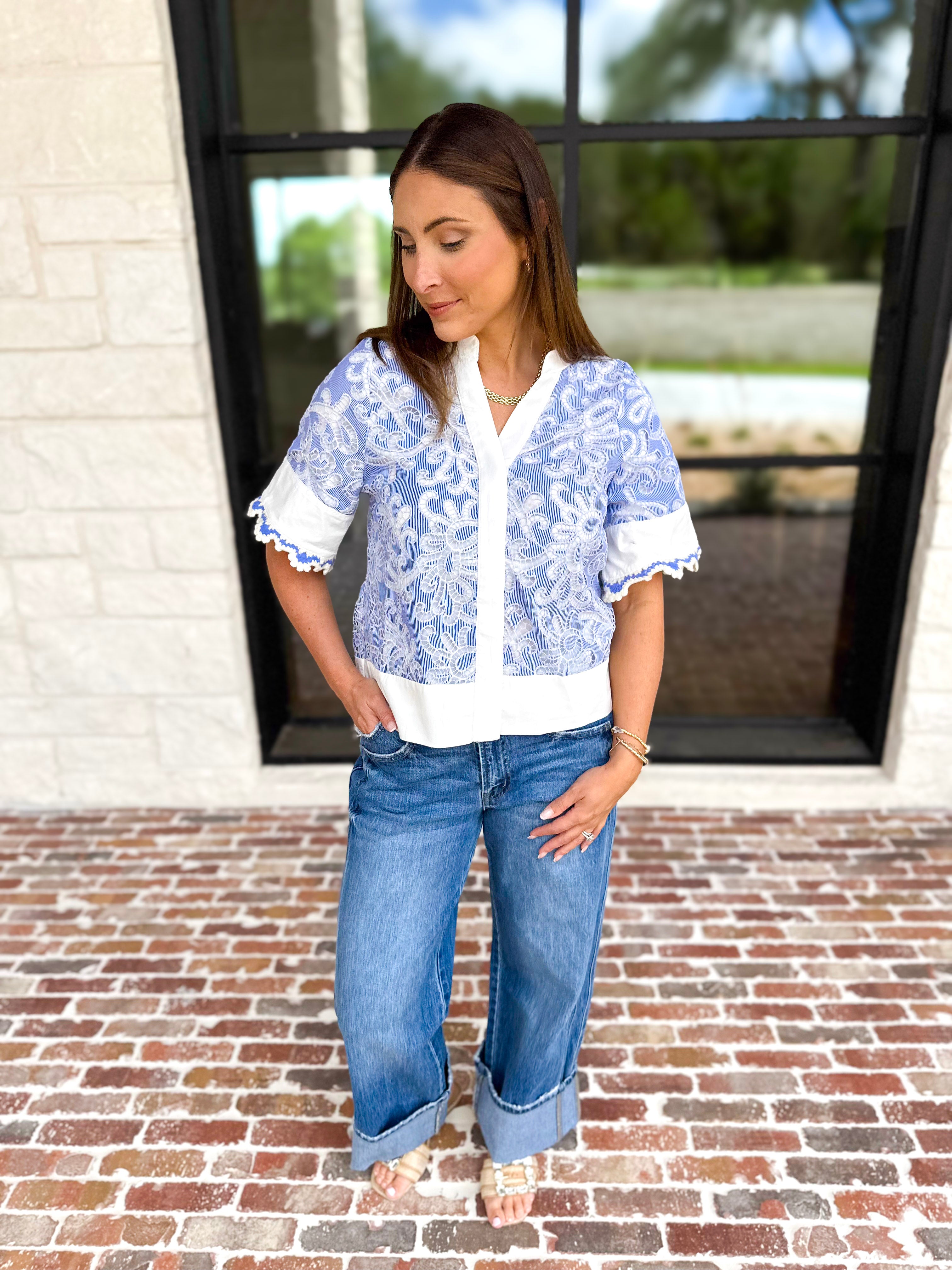 THML - Blue & Ivory Crochet Blouse-200 Fashion Blouses-THML-July & June Women's Fashion Boutique Located in San Antonio, Texas