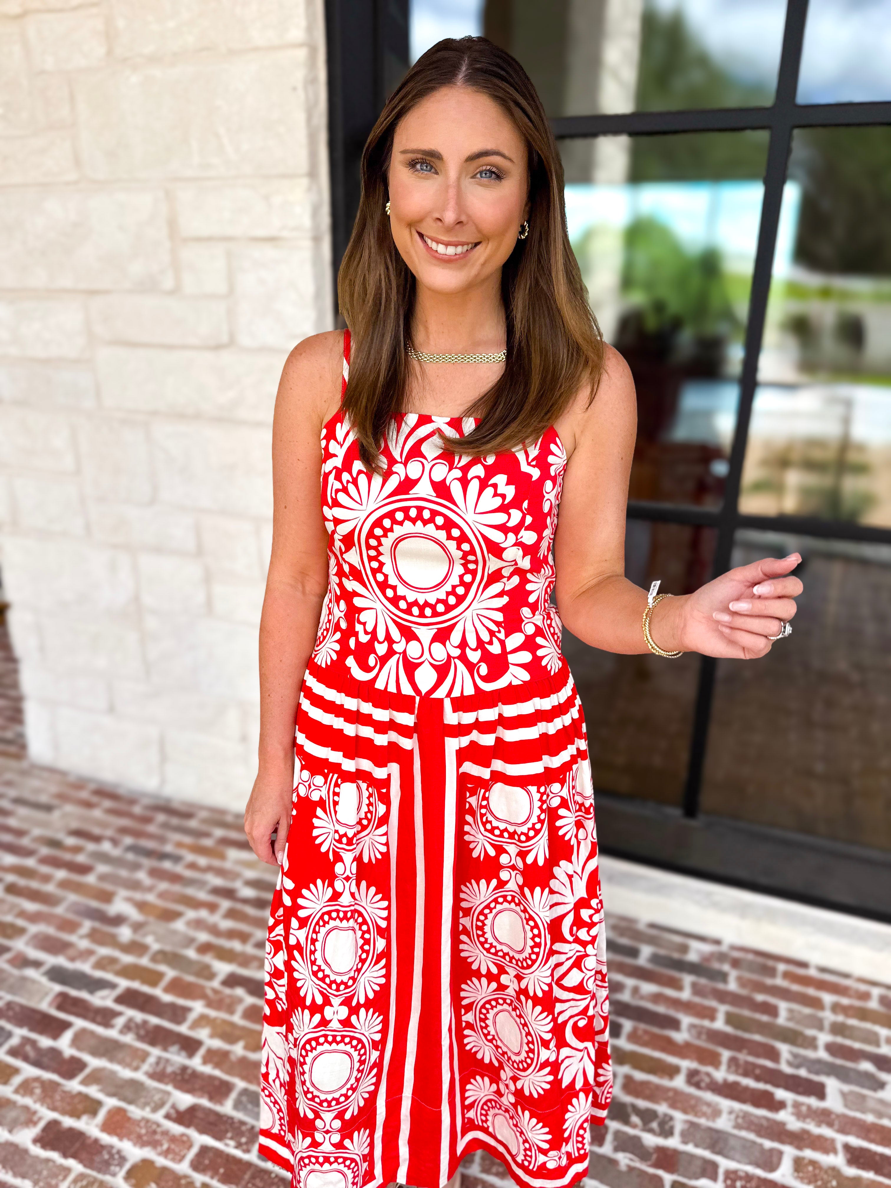 Red Sunburst Midi Dress-500 Midi-FATE-July & June Women's Fashion Boutique Located in San Antonio, Texas