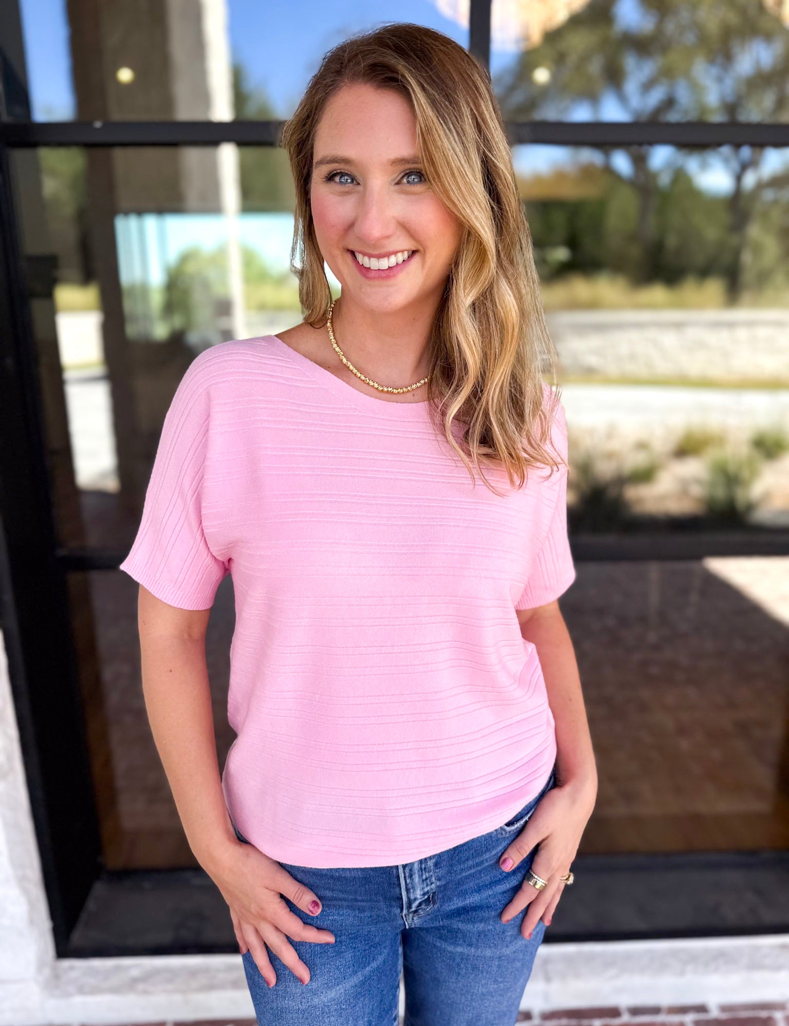 Textured Everyday Knit Top - Ballet Pink-230 Sweaters/Cardis-ALLIE ROSE-July & June Women's Fashion Boutique Located in San Antonio, Texas