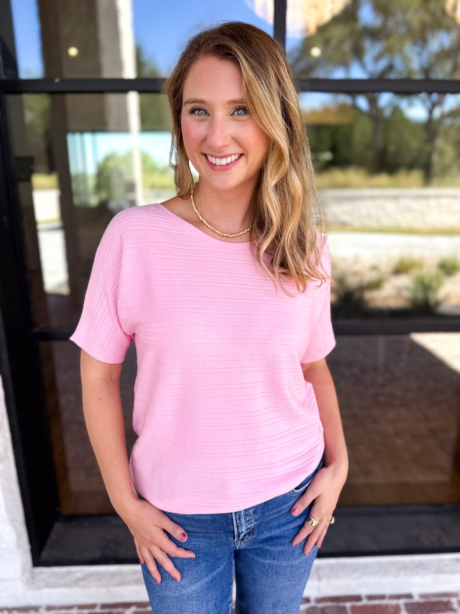 Textured Everyday Knit Top - Ballet Pink-230 Sweaters/Cardis-ALLIE ROSE-July & June Women's Fashion Boutique Located in San Antonio, Texas
