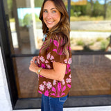 Pink & Chocolate Floral Blouse-200 Fashion Blouses-TCEC-July & June Women's Fashion Boutique Located in San Antonio, Texas