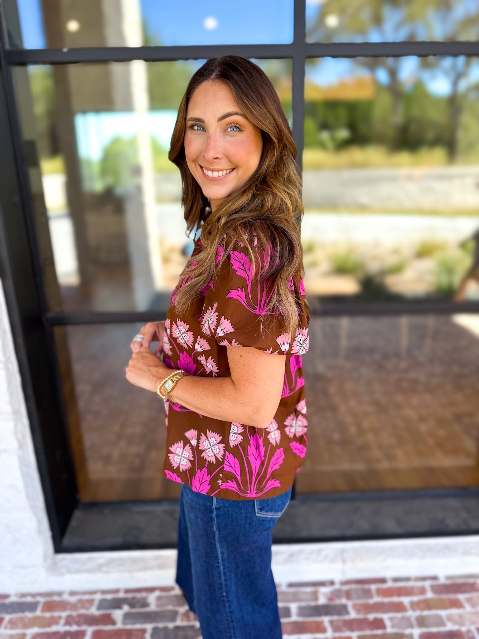 Pink & Chocolate Floral Blouse-200 Fashion Blouses-TCEC-July & June Women's Fashion Boutique Located in San Antonio, Texas